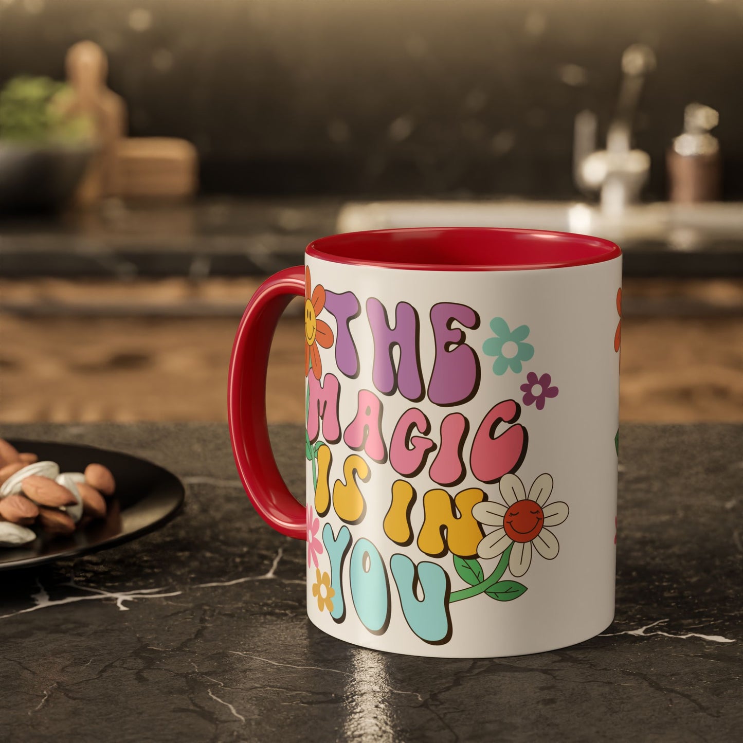 The Magic Is In You Accent Mug – Retro Flower Lettering | 11oz 15oz Colored Handle