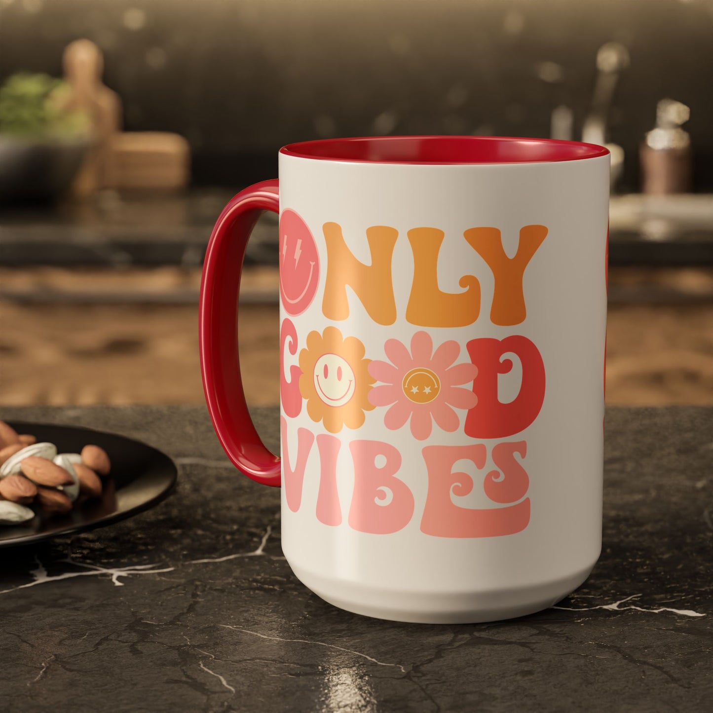 Only Good Vibes Accent Mug – Retro Bubble Letters & Flowers | 11oz 15oz Colored Handle