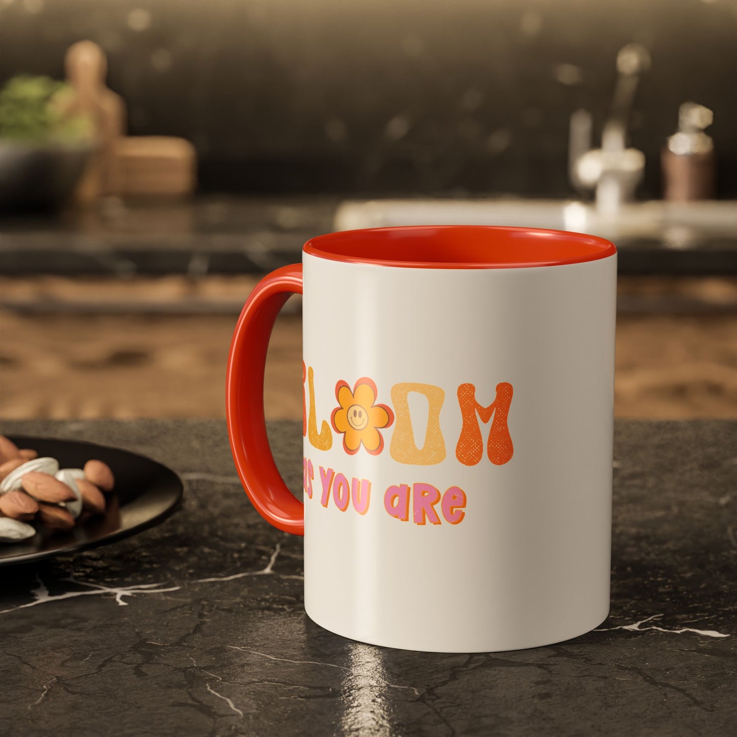 Bloom As You Are Accent Mug – Smiley Flower | 11oz 15oz Colored Handle