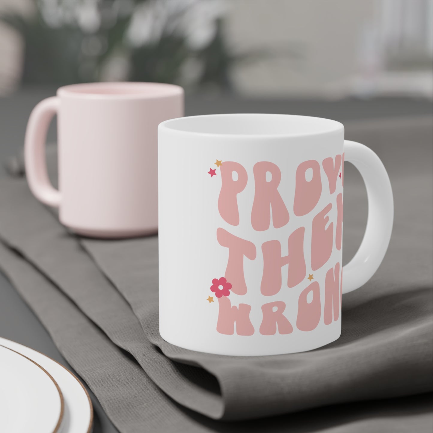 Prove Them Wrong Coffee Mug 20oz - Light Pink, 70s Themed Ceramic Cup, Groovy Font, Inspirational Motivation - Retro Nostalgia Gift