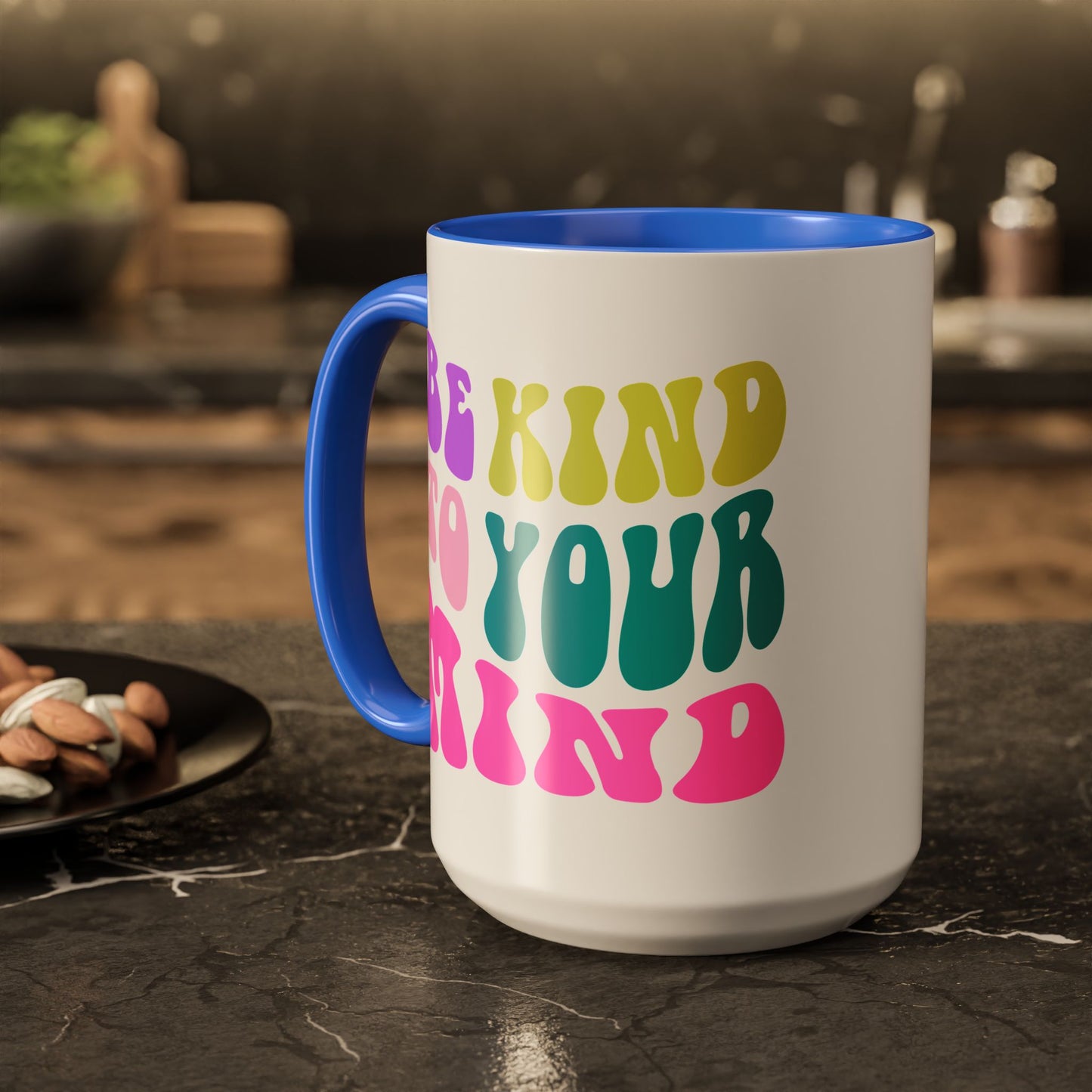Be Kind To Your Mind Accent Mug – Retro Rainbow Letters | 11oz 15oz Colored Handle