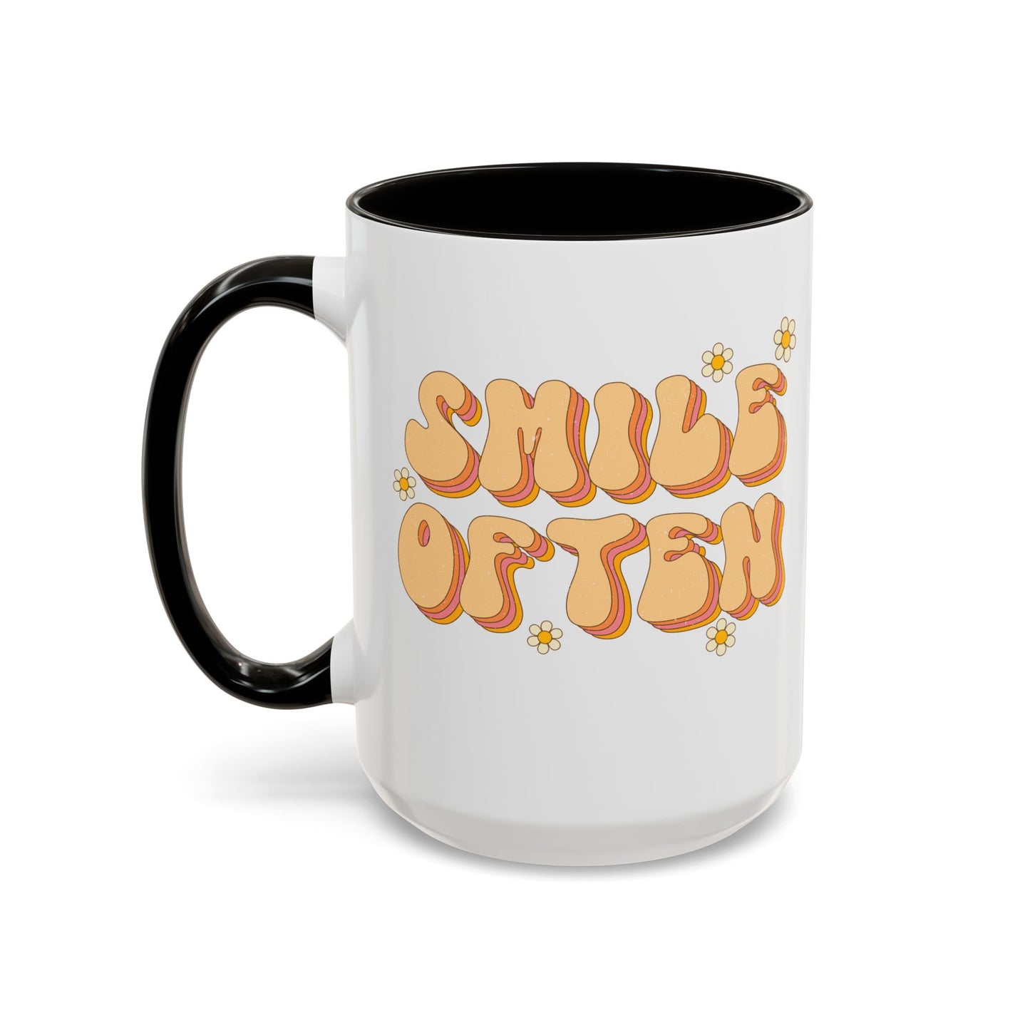 Smile Often Accent Mug – Retro Daisy Letters | 11oz 15oz colored Handle