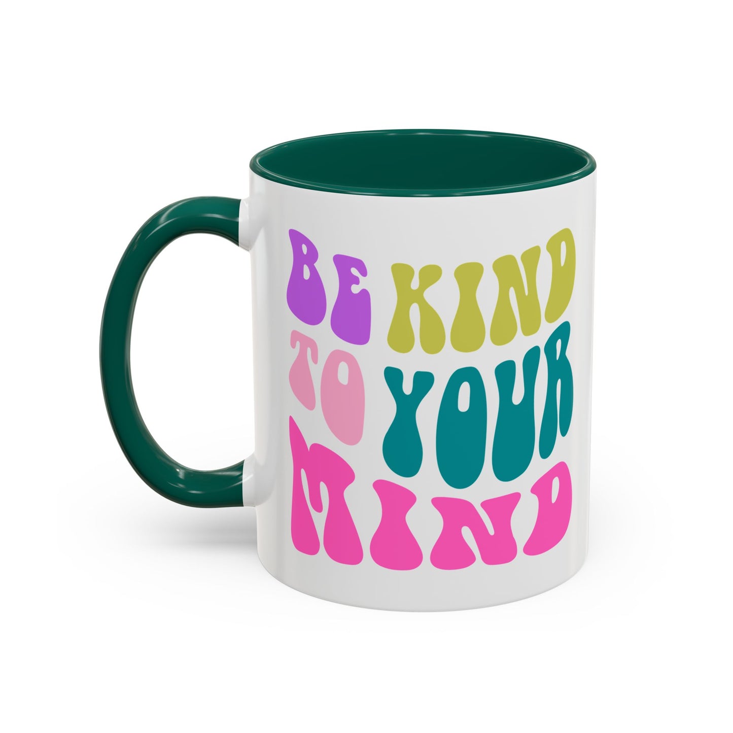 Be Kind To Your Mind Accent Mug – Retro Rainbow Letters | 11oz 15oz Colored Handle
