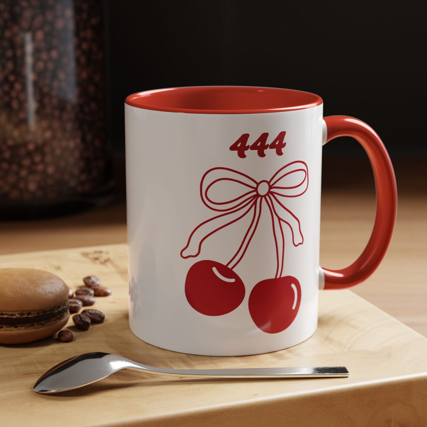 444 Angel Number Cherries Accent Mug – Coquette Bow Kawaii | 11oz 15oz — Navy, Light Blue, Orange, Purple, Yellow