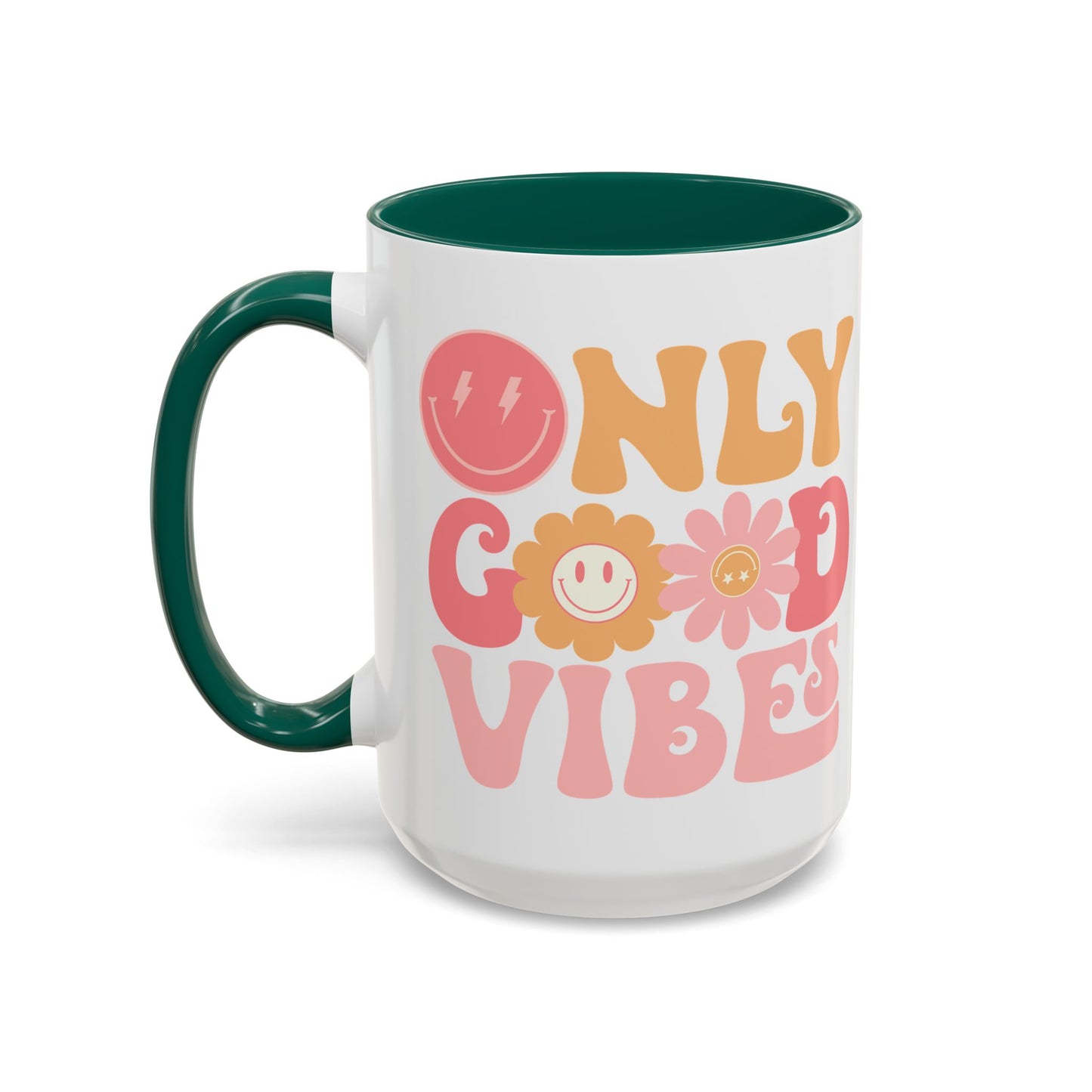 Only Good Vibes Accent Mug – Retro Bubble Letters & Flowers | 11oz 15oz Colored Handle