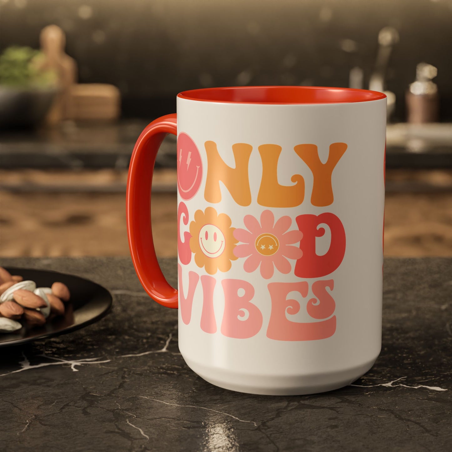Only Good Vibes Accent Mug – Retro Bubble Letters & Flowers | 11oz 15oz Colored Handle