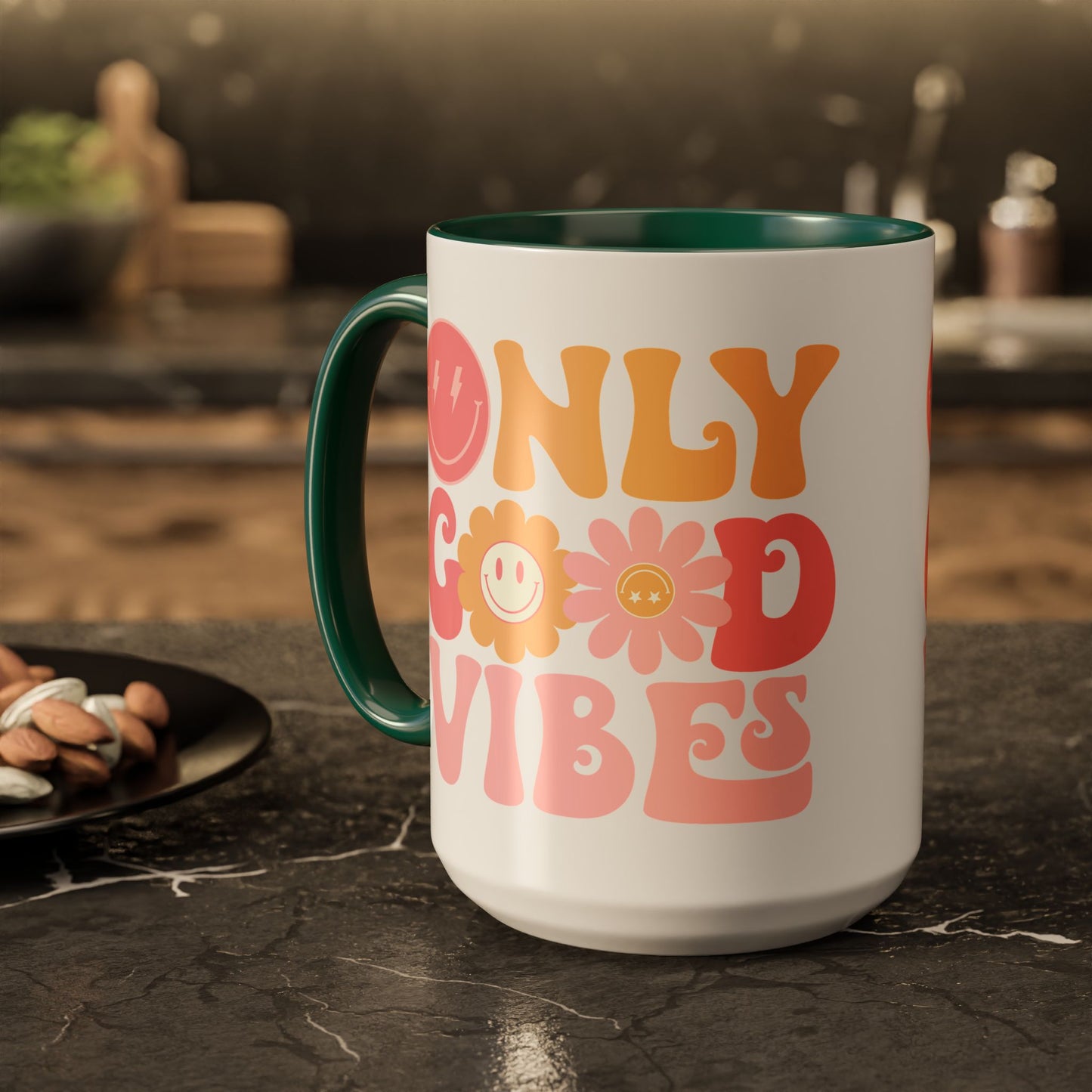 Only Good Vibes Accent Mug – Retro Bubble Letters & Flowers | 11oz 15oz Colored Handle
