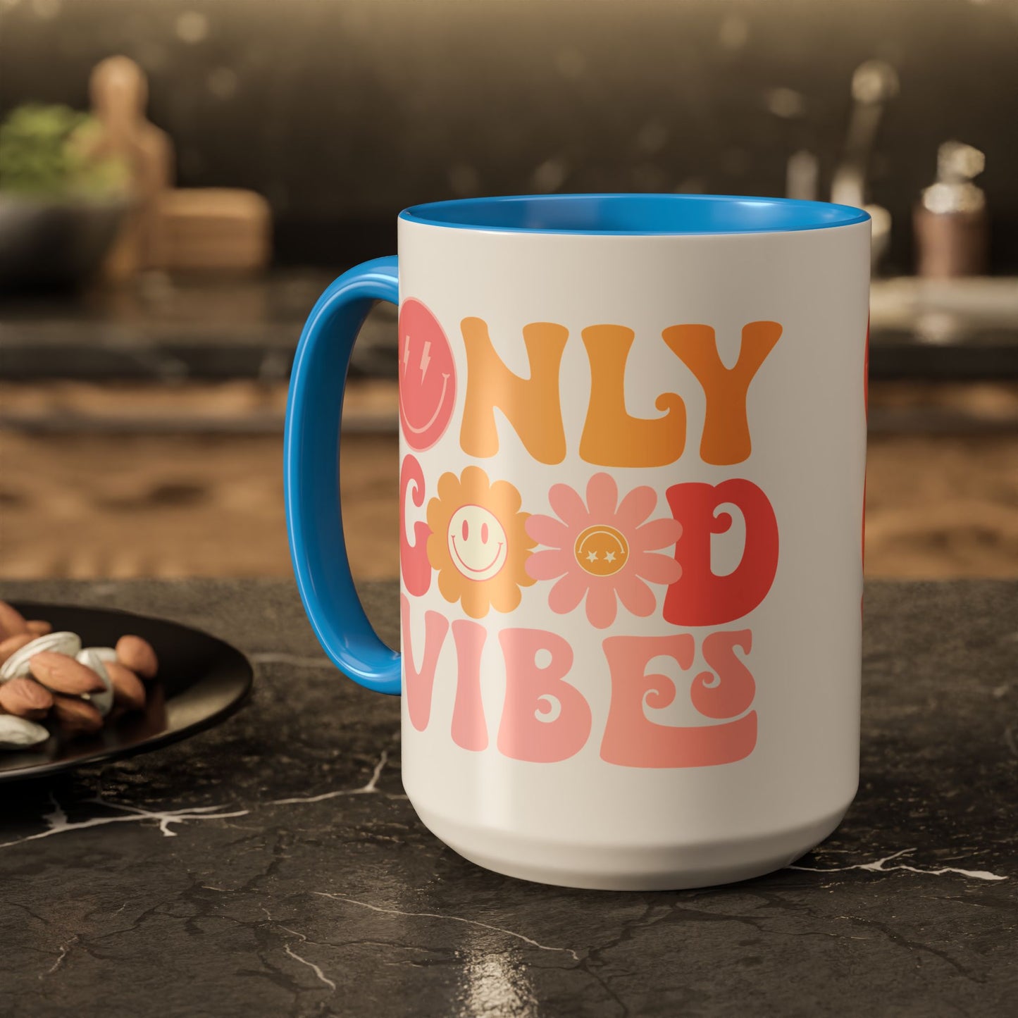 Only Good Vibes Accent Mug – Retro Bubble Letters & Flowers | 11oz 15oz Colored Handle