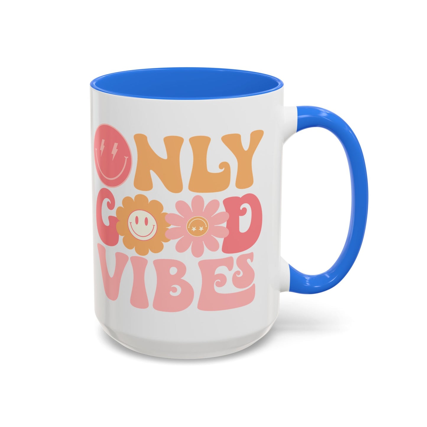Only Good Vibes Accent Mug – Retro Bubble Letters & Flowers | 11oz 15oz Colored Handle