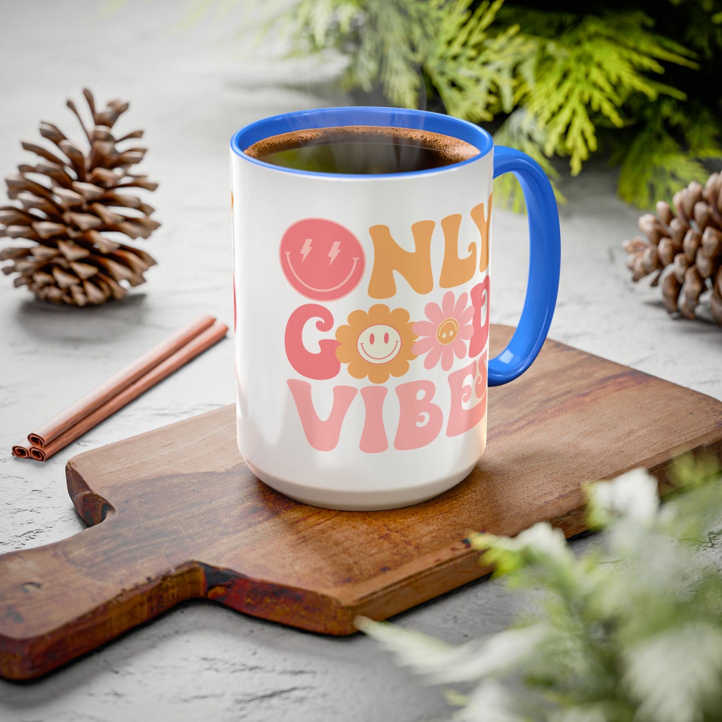 Only Good Vibes Accent Mug – Retro Bubble Letters & Flowers | 11oz 15oz Colored Handle