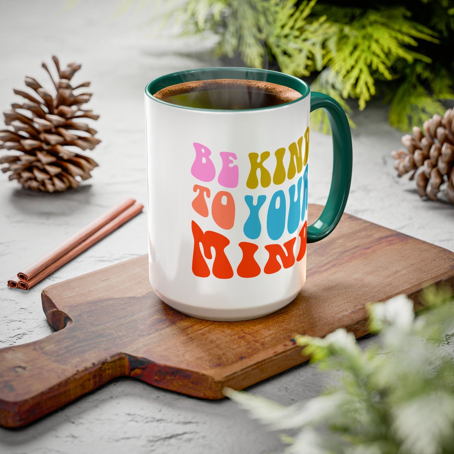 Be Kind To Your Mind Accent Mug – Retro Rainbow Letters | 11oz 15oz Multiple colors
