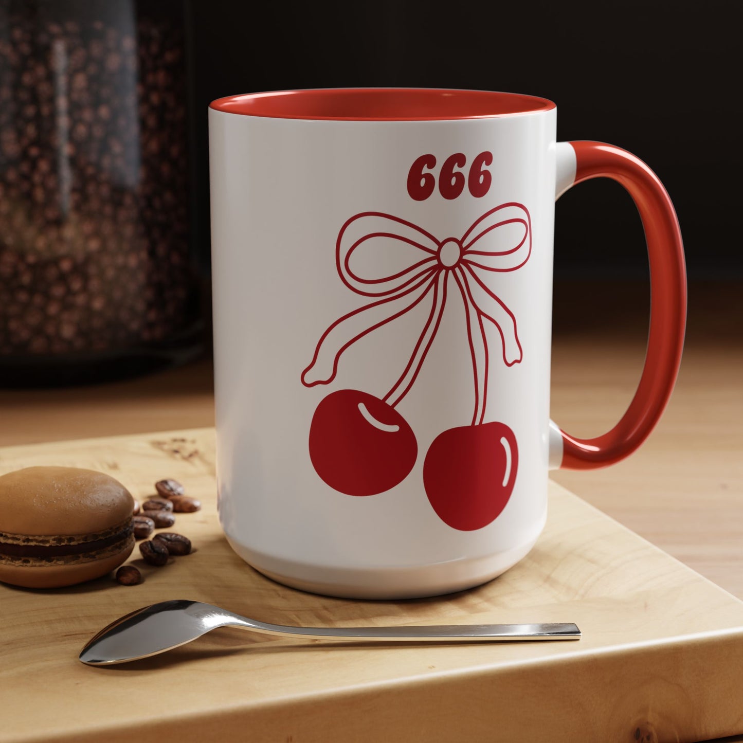 666 Angel Number Cherries Accent Mug – Coquette Bow Kawaii | 11oz 15oz — Pink, Red, Light Blue, Orange, Purple, Yellow