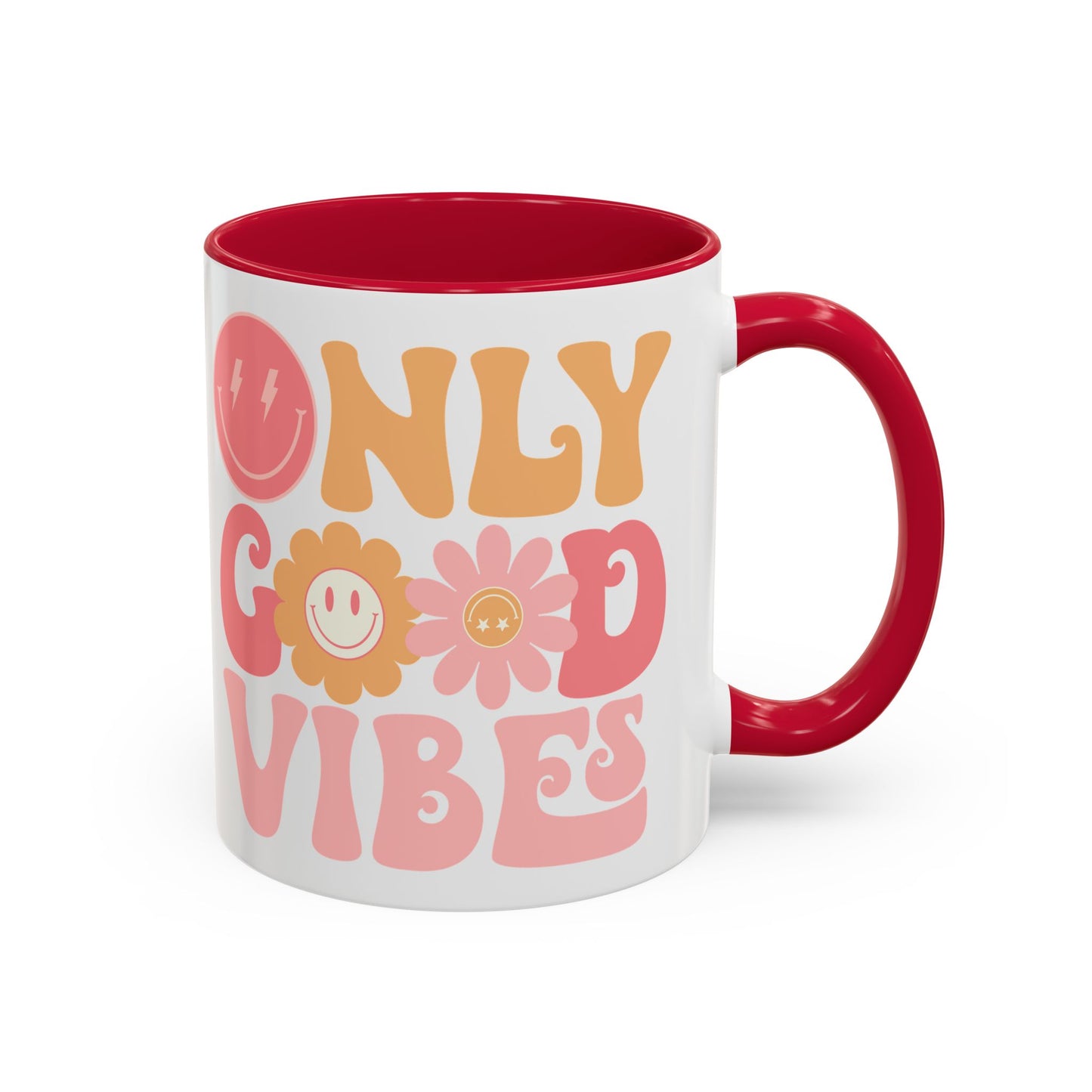 Only Good Vibes Accent Mug – Retro Bubble Letters & Flowers | 11oz 15oz Colored Handle