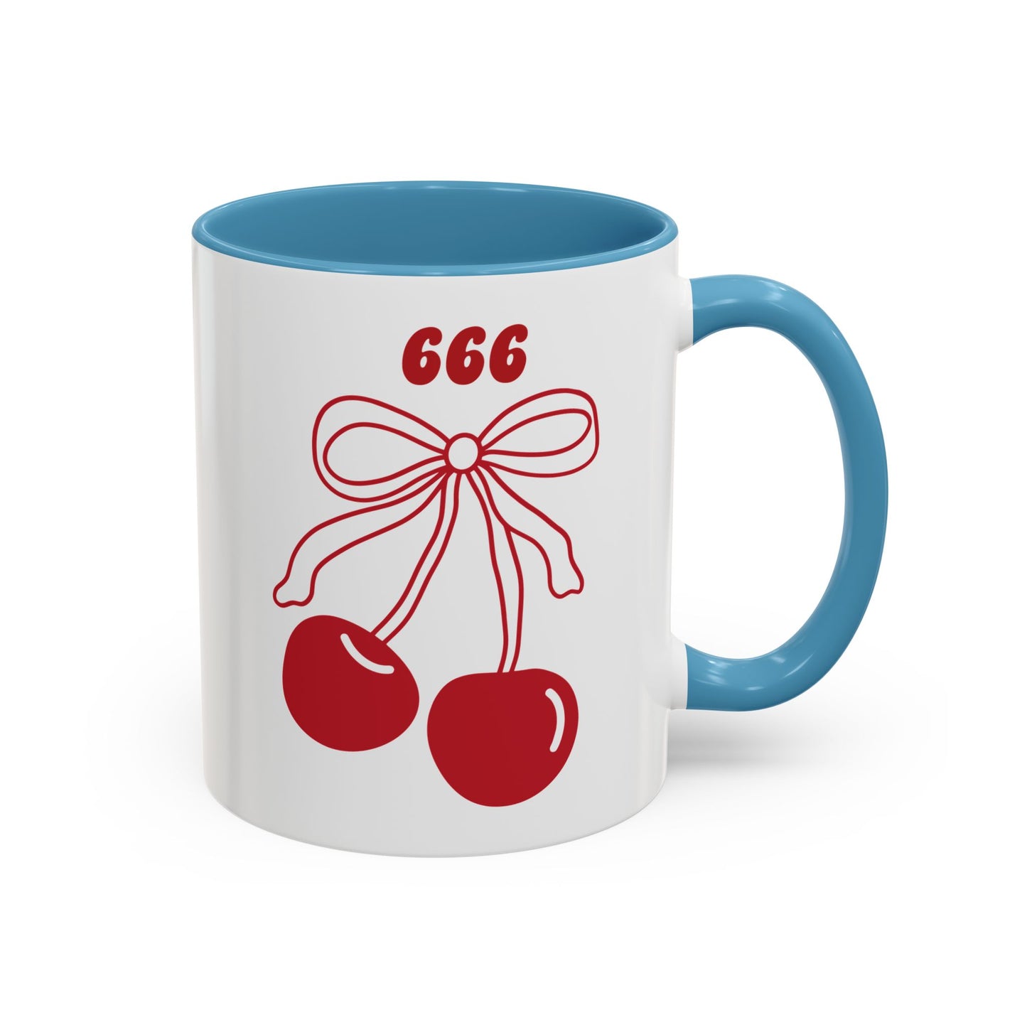 666 Angel Number Cherries Accent Mug – Coquette Bow Kawaii | 11oz 15oz — Pink, Red, Light Blue, Orange, Purple, Yellow