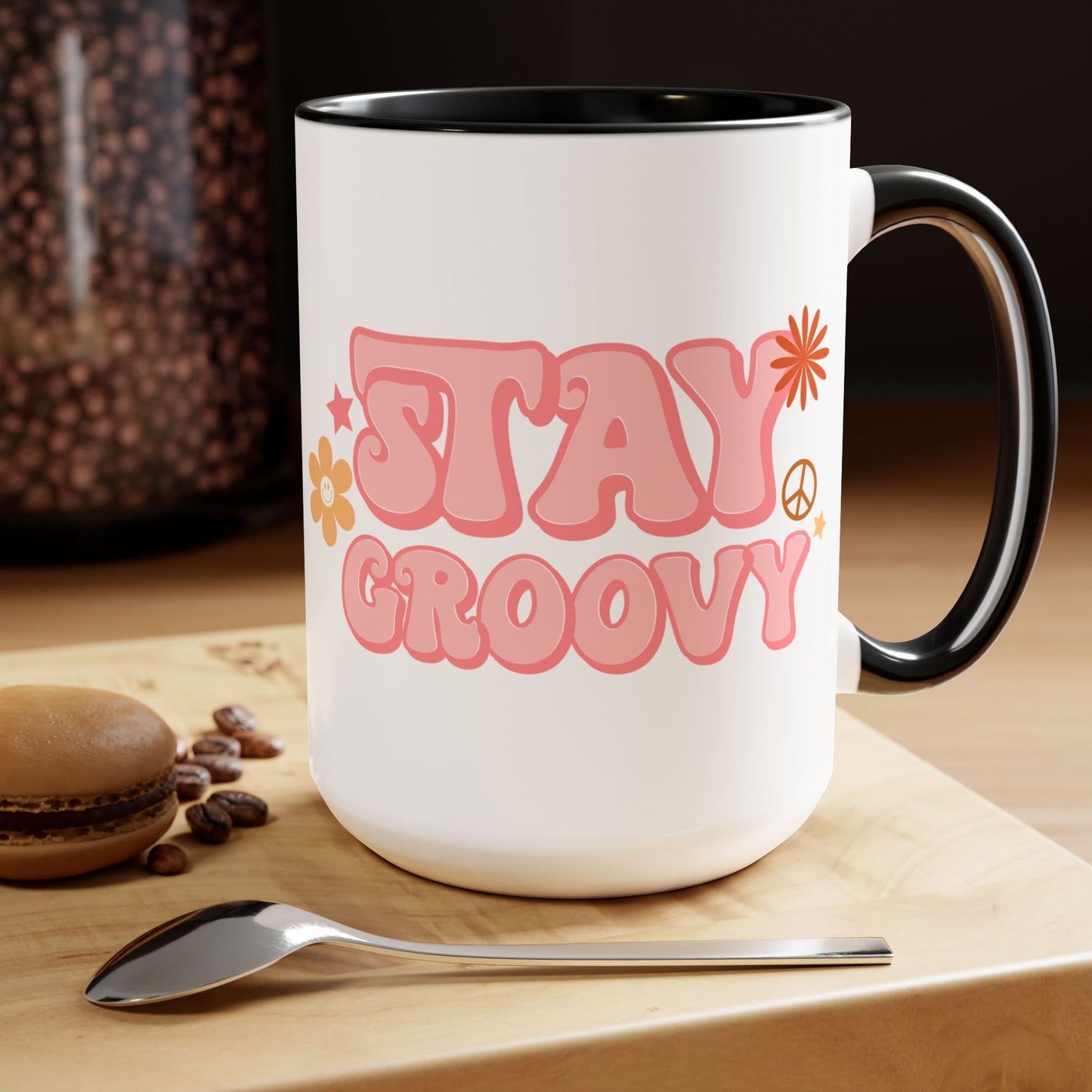Stay Groovy Coffee Mug 15oz - 70s Inspired, Pastel Pink, Swirly Font - Boost Your Mood with this Free-Spirit, Funkadelic Beverage