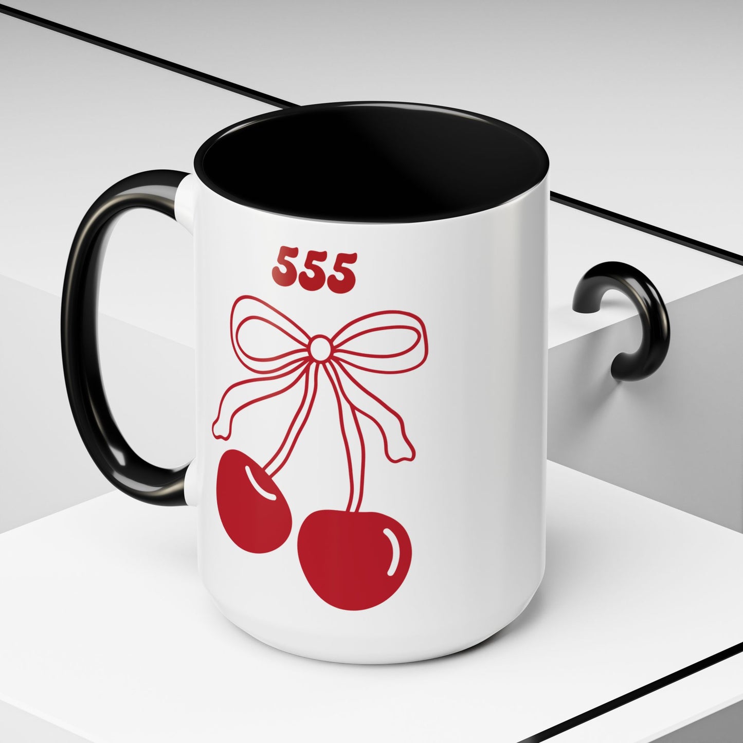 555 Angel Number Cherries Accent Mug – Coquette Bow Kawaii | 11oz 15oz — Pink, Red, Navy, Light Blue, Orange, Purple, Yellow