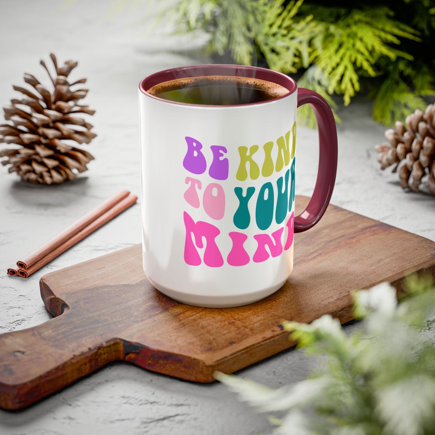 Be Kind To Your Mind Accent Mug – Retro Rainbow Letters | 11oz 15oz Colored Handle