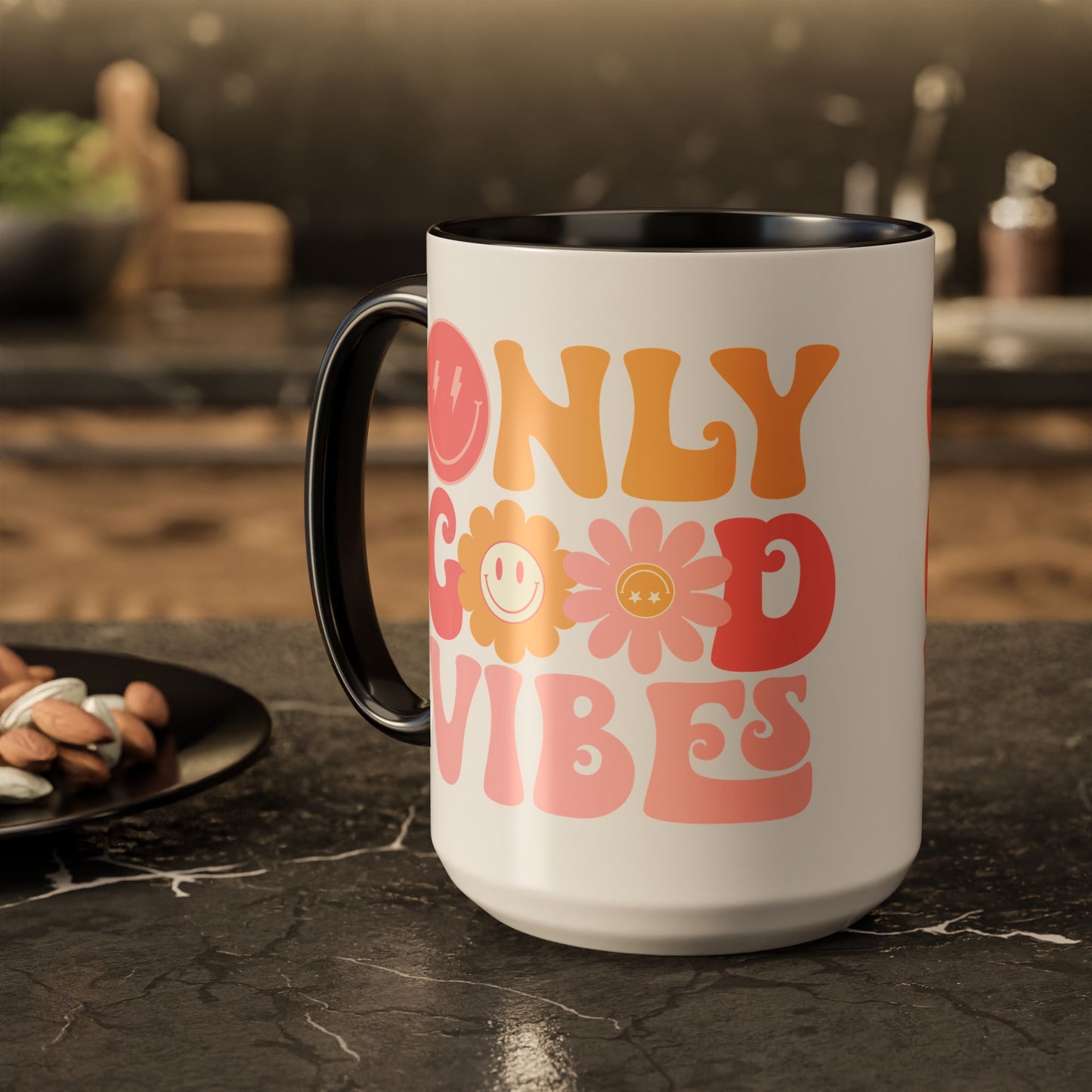 Only Good Vibes Accent Mug – Retro Bubble Letters & Flowers | 11oz 15oz Colored Handle