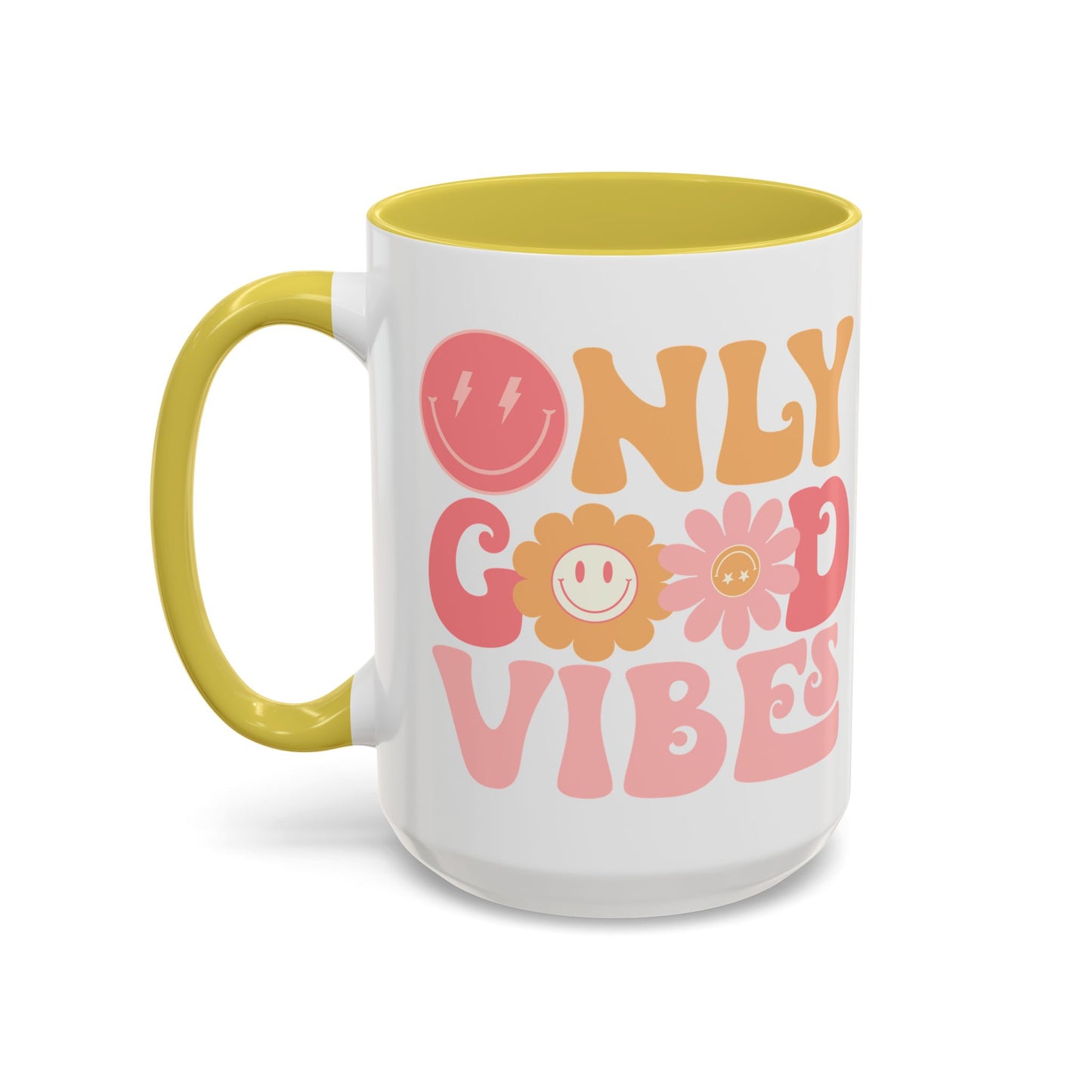 Only Good Vibes Accent Mug – Retro Bubble Letters & Flowers | 11oz 15oz Colored Handle