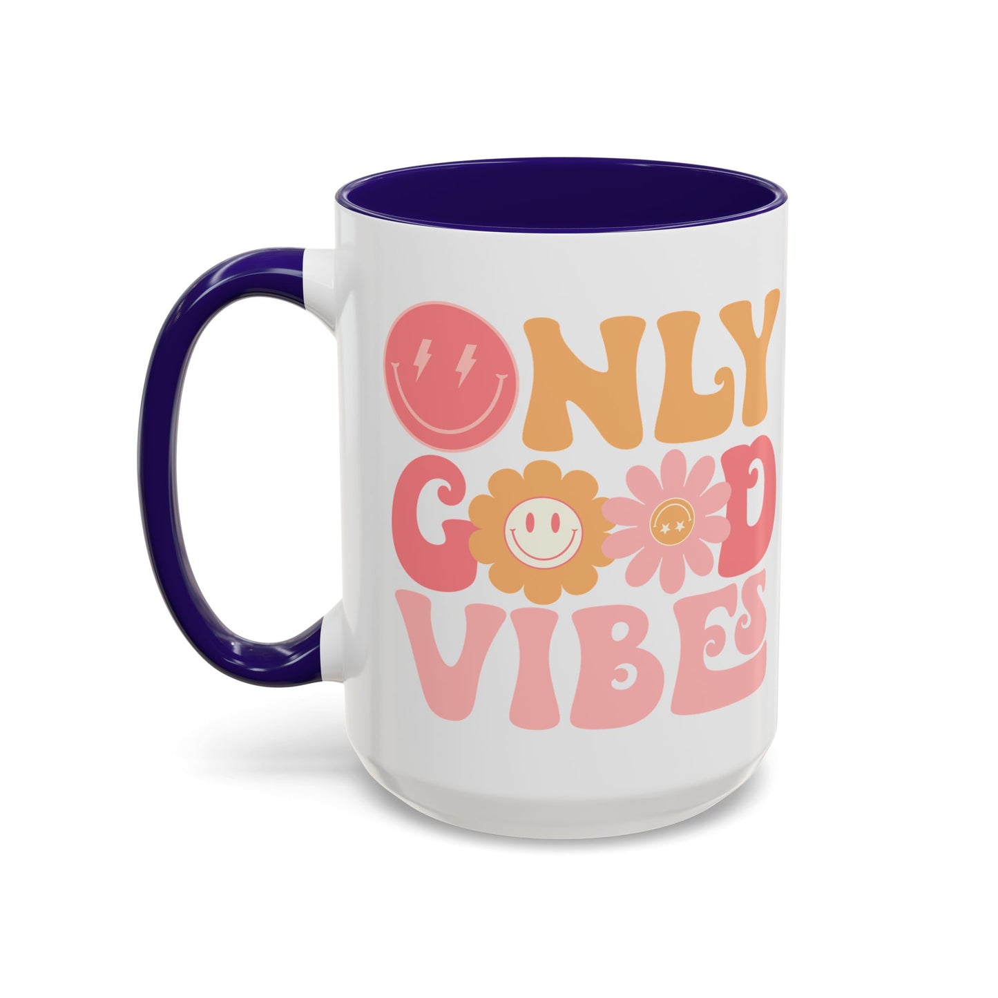 Only Good Vibes Accent Mug – Retro Bubble Letters & Flowers | 11oz 15oz Colored Handle