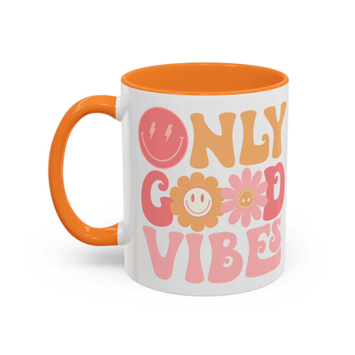 Only Good Vibes Accent Mug – Retro Bubble Letters & Flowers | 11oz 15oz Colored Handle