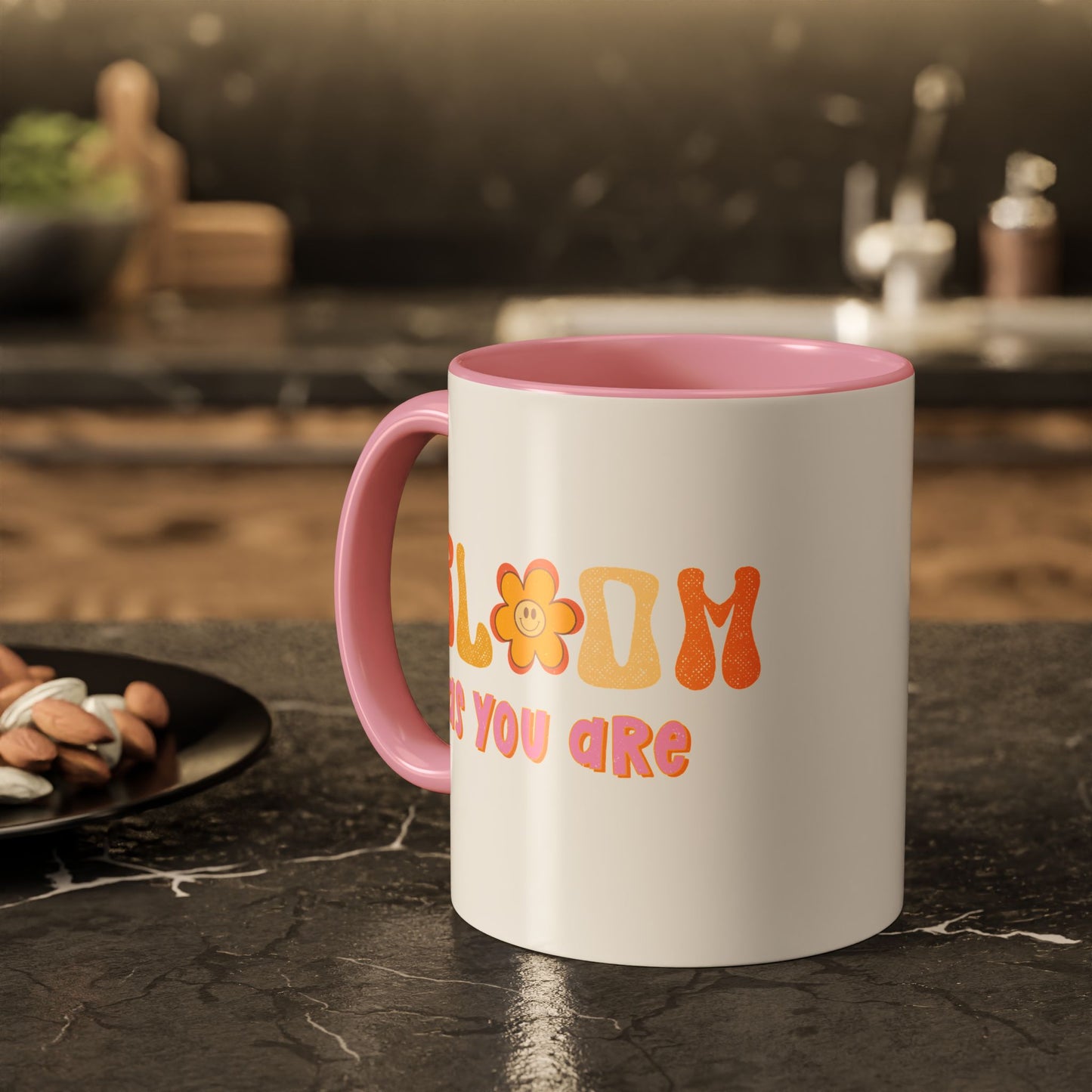 Bloom As You Are Accent Mug – Smiley Flower | 11oz 15oz Colored Handle