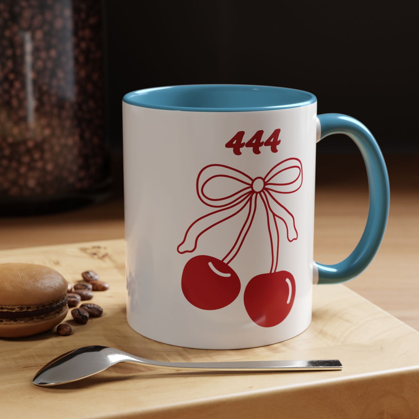 444 Angel Number Cherries Accent Mug – Coquette Bow Kawaii | 11oz 15oz — Navy, Light Blue, Orange, Purple, Yellow