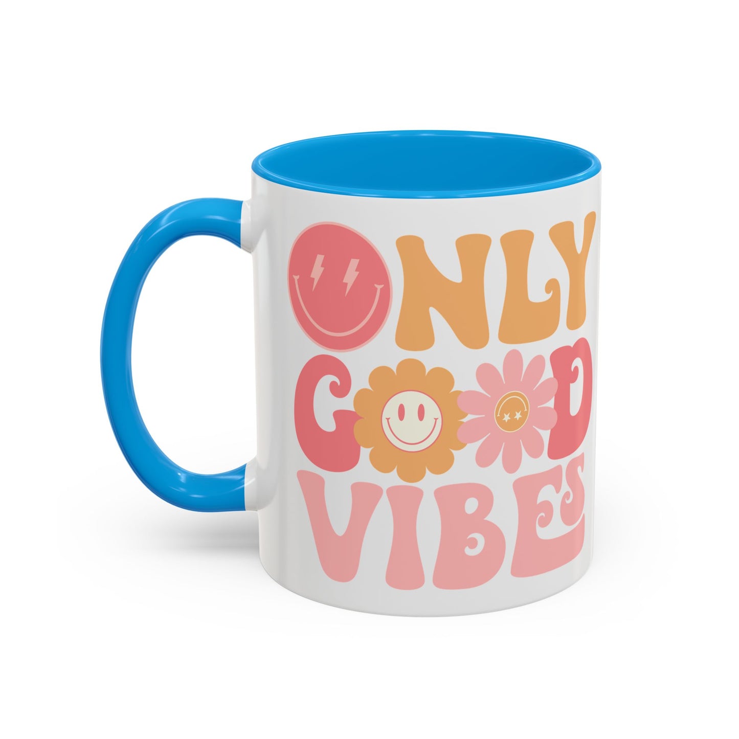 Only Good Vibes Accent Mug – Retro Bubble Letters & Flowers | 11oz 15oz Colored Handle