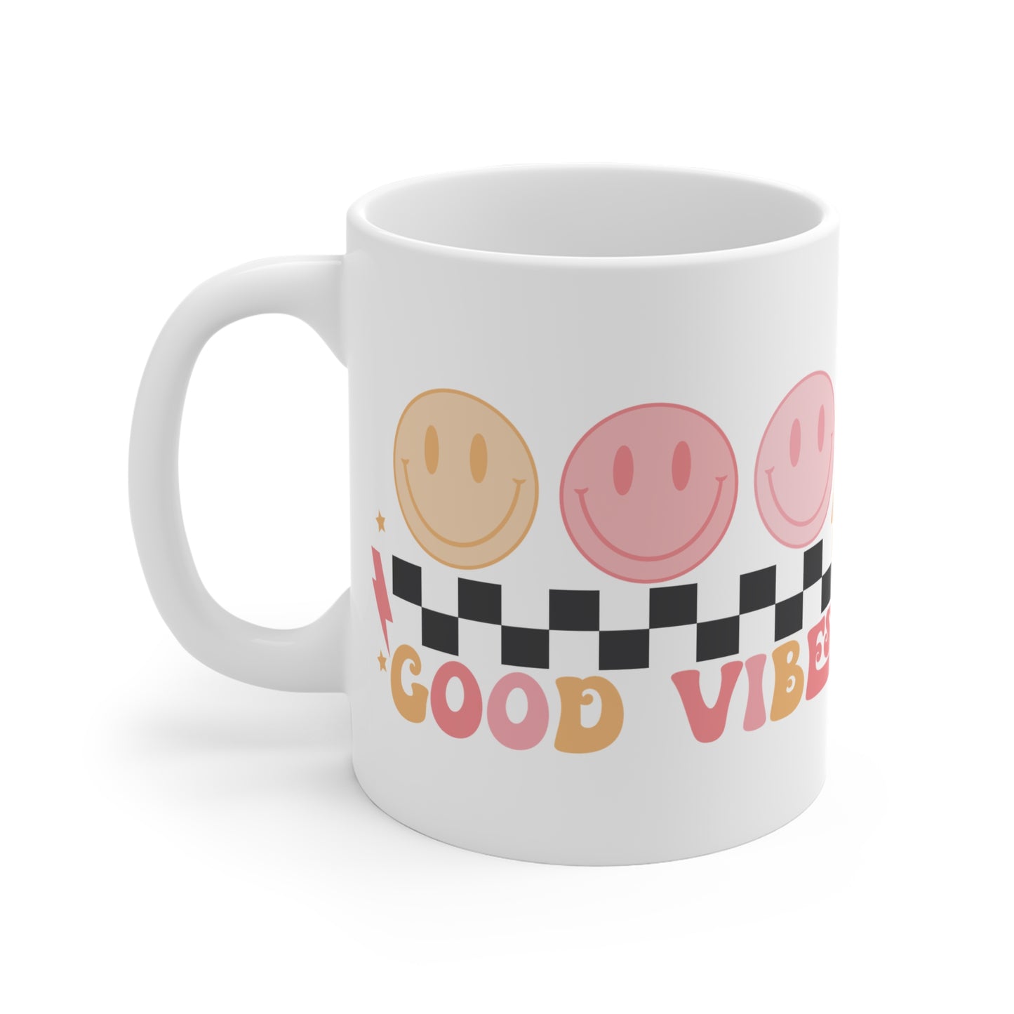 Good Vibes Psychedelic Coffee Mug 20oz - Pink Typography, Black-White Checkered with Smiling Faces - Retro Love, Radiate Positivity