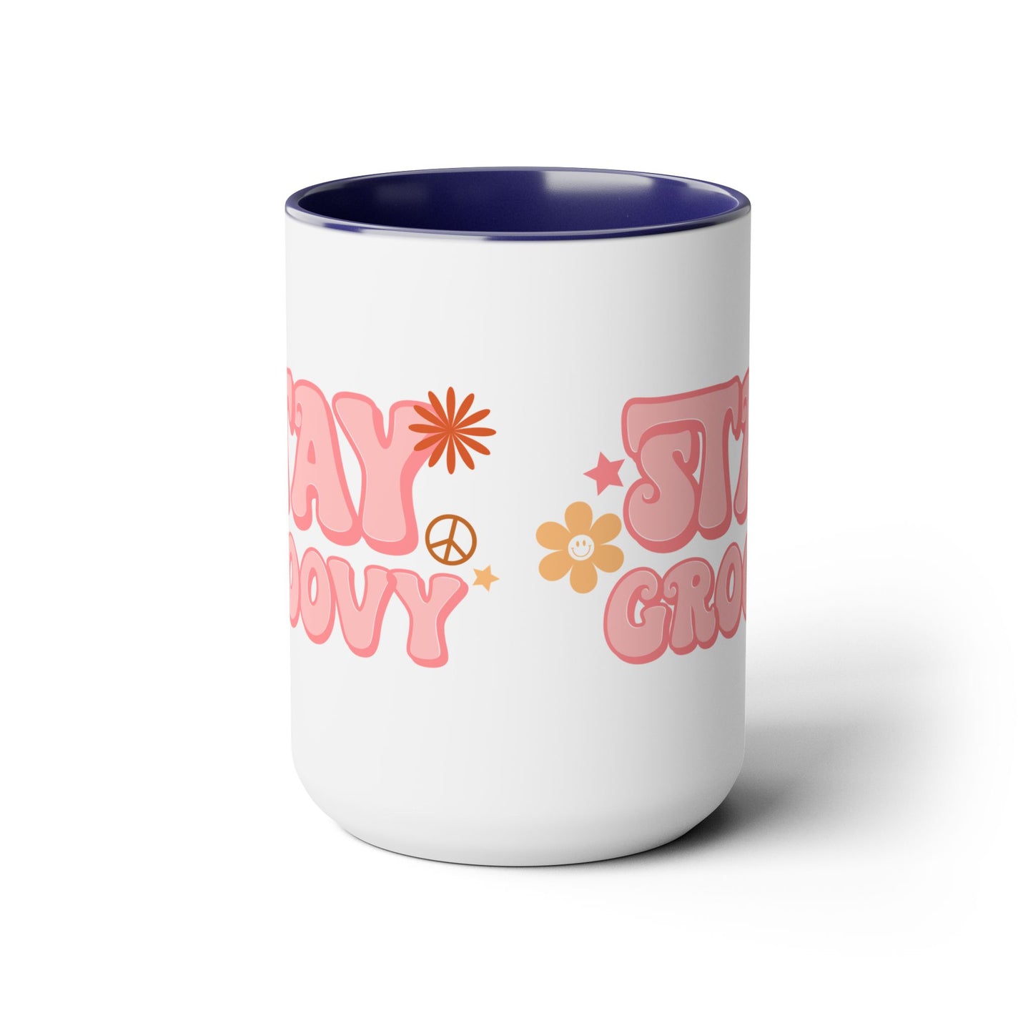 Stay Groovy Coffee Mug 15oz - 70s Inspired, Pastel Pink, Swirly Font - Boost Your Mood with this Free-Spirit, Funkadelic Beverage