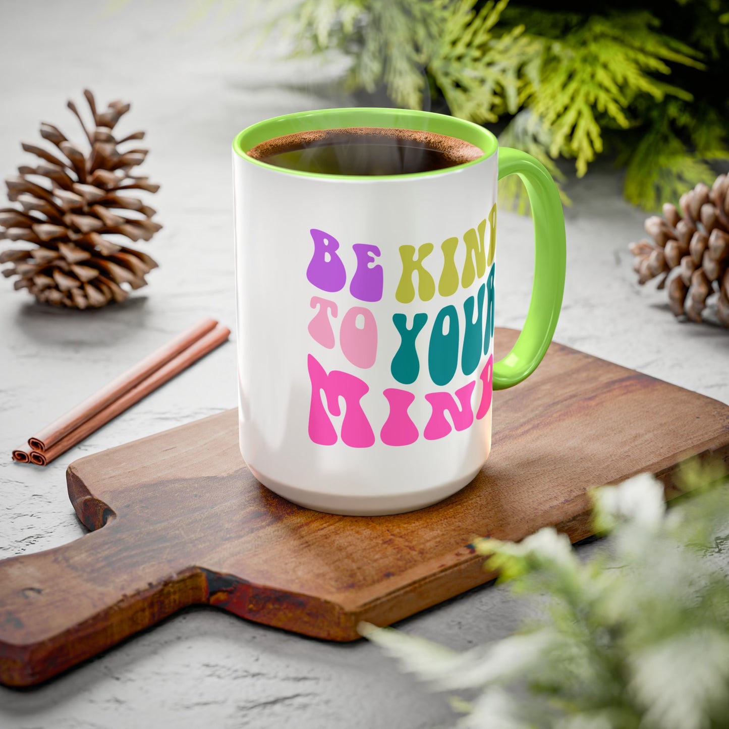 Be Kind To Your Mind Accent Mug – Retro Rainbow Letters | 11oz 15oz Colored Handle