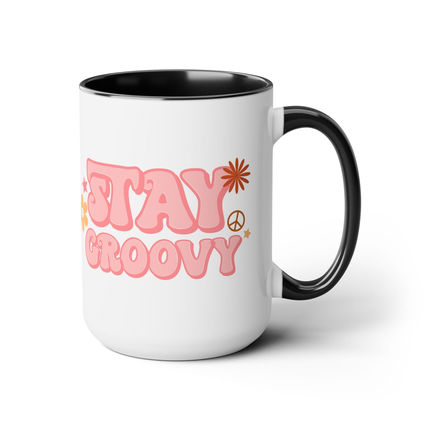 Stay Groovy Coffee Mug 15oz - 70s Inspired, Pastel Pink, Swirly Font - Boost Your Mood with this Free-Spirit, Funkadelic Beverage