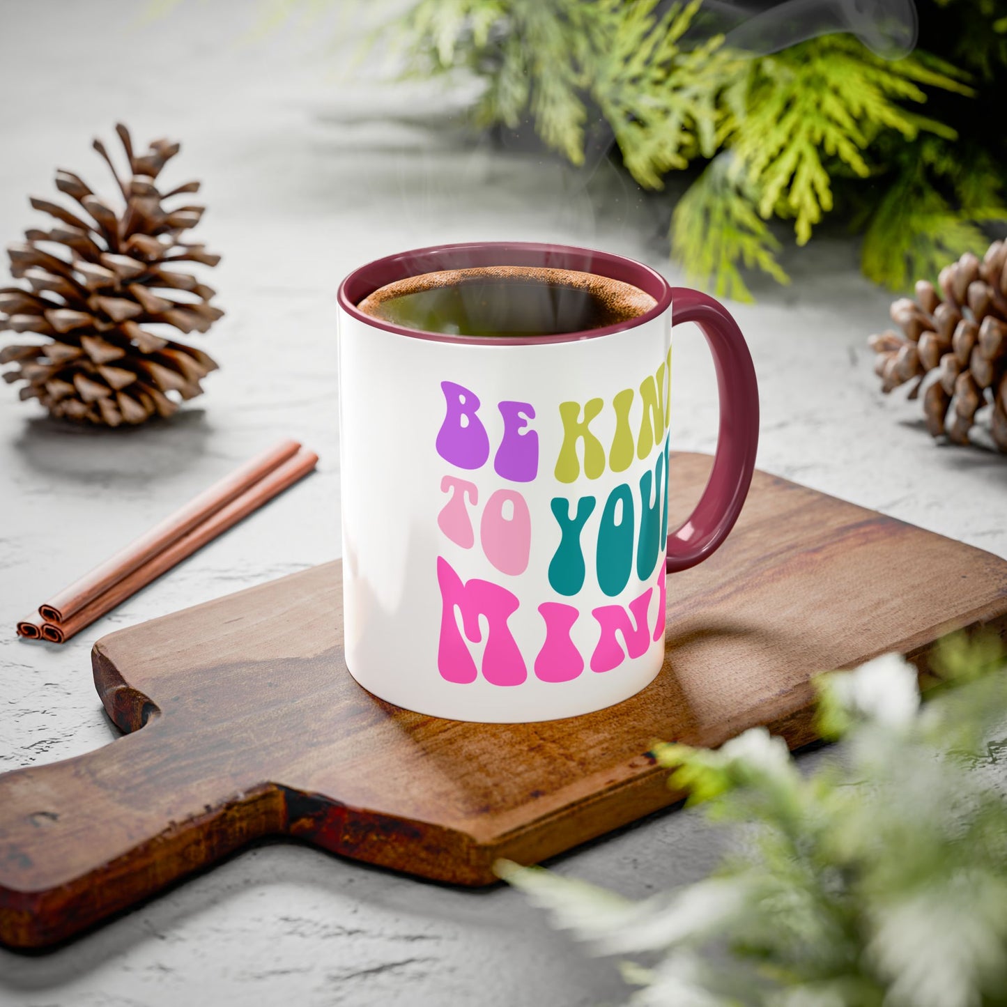 Be Kind To Your Mind Accent Mug – Retro Rainbow Letters | 11oz 15oz Colored Handle