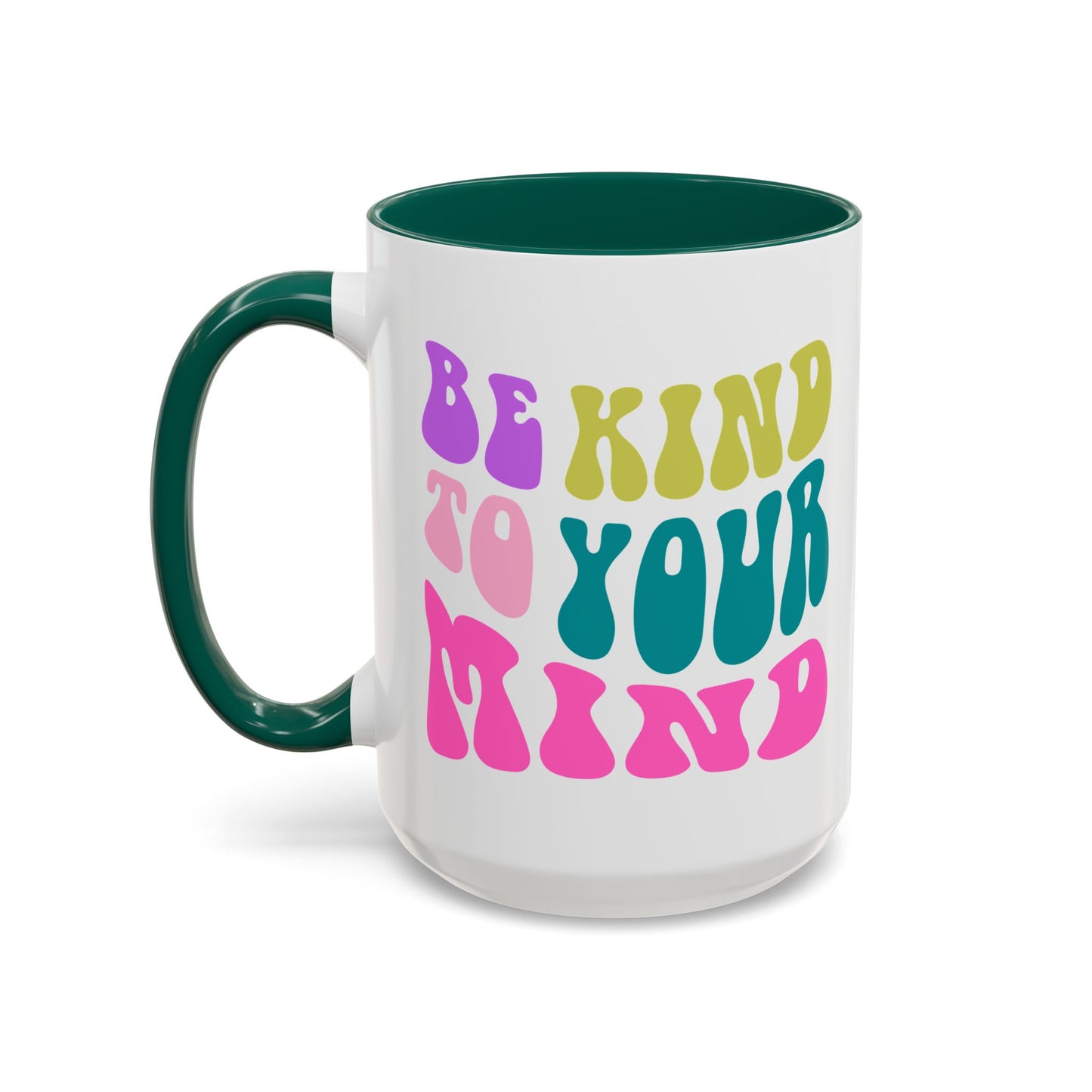 Be Kind To Your Mind Accent Mug – Retro Rainbow Letters | 11oz 15oz Colored Handle