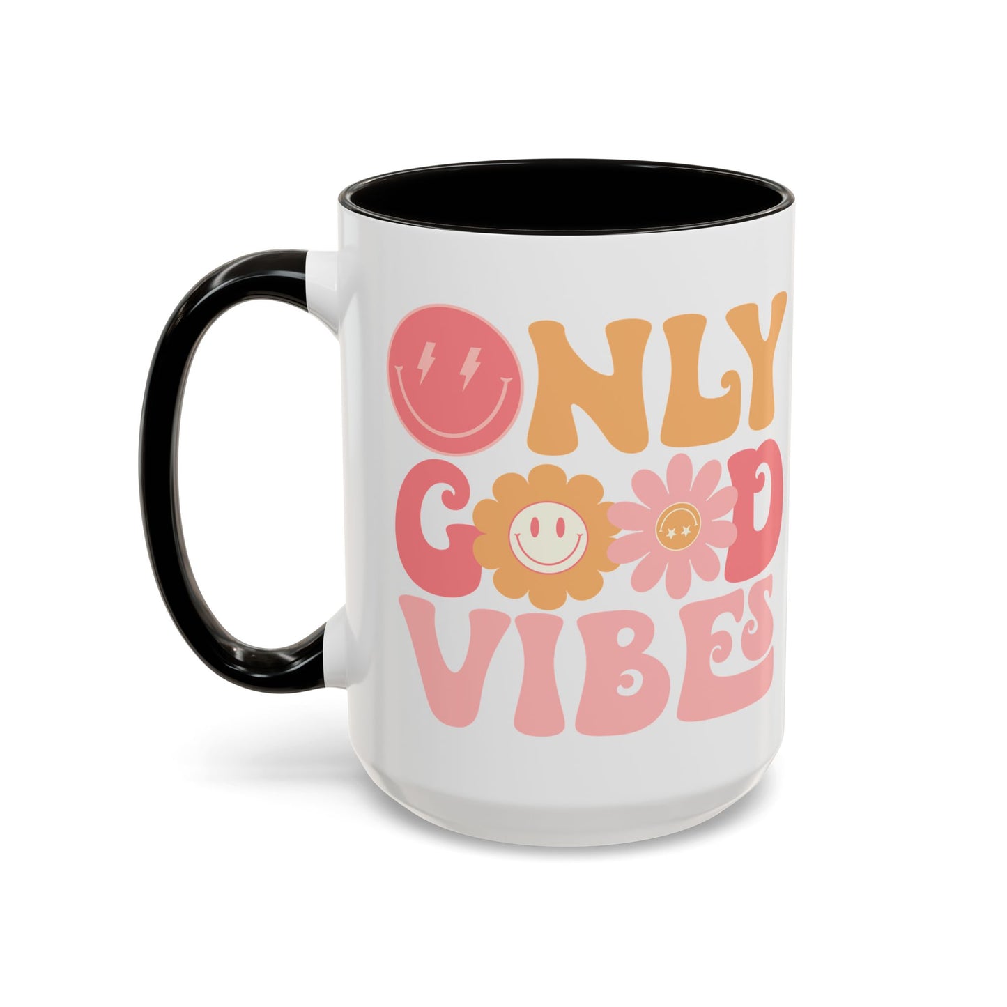 Only Good Vibes Accent Mug – Retro Bubble Letters & Flowers | 11oz 15oz Colored Handle