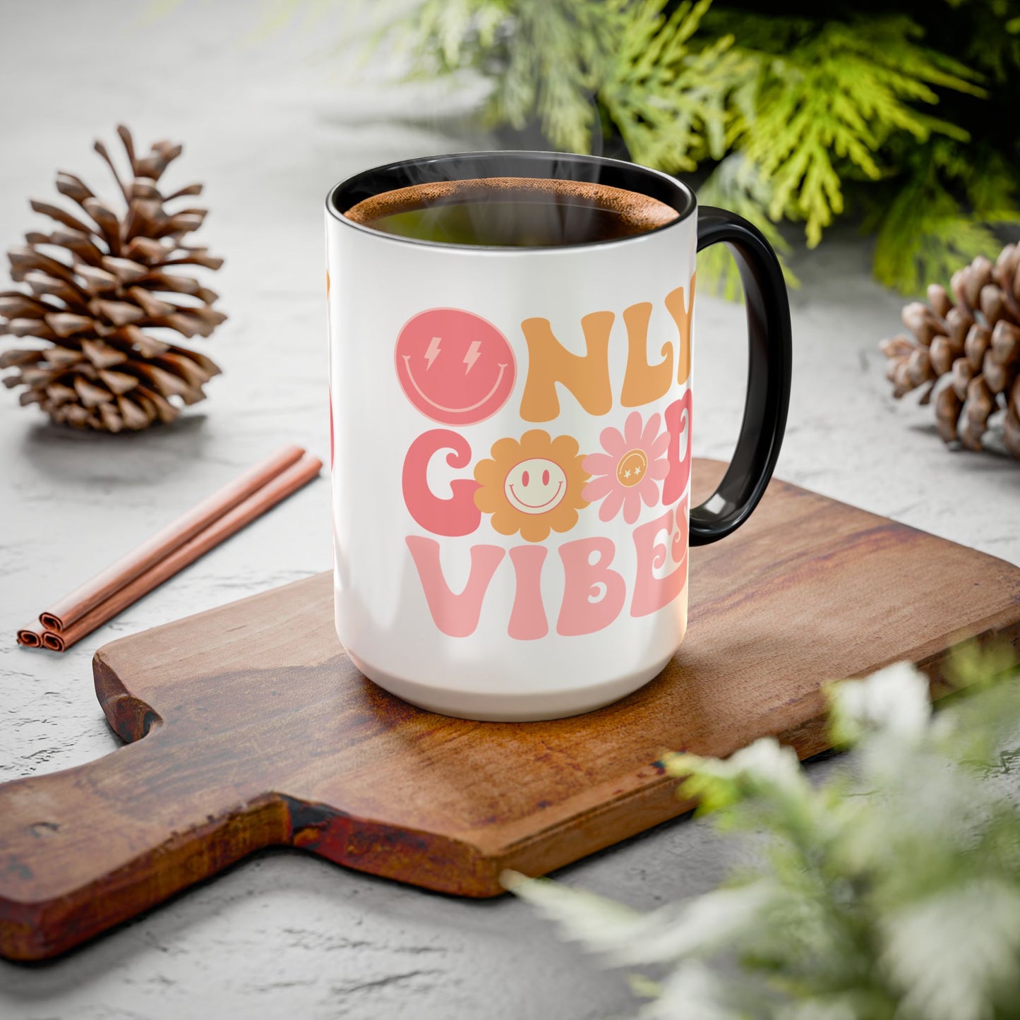 Only Good Vibes Accent Mug – Retro Bubble Letters & Flowers | 11oz 15oz Colored Handle