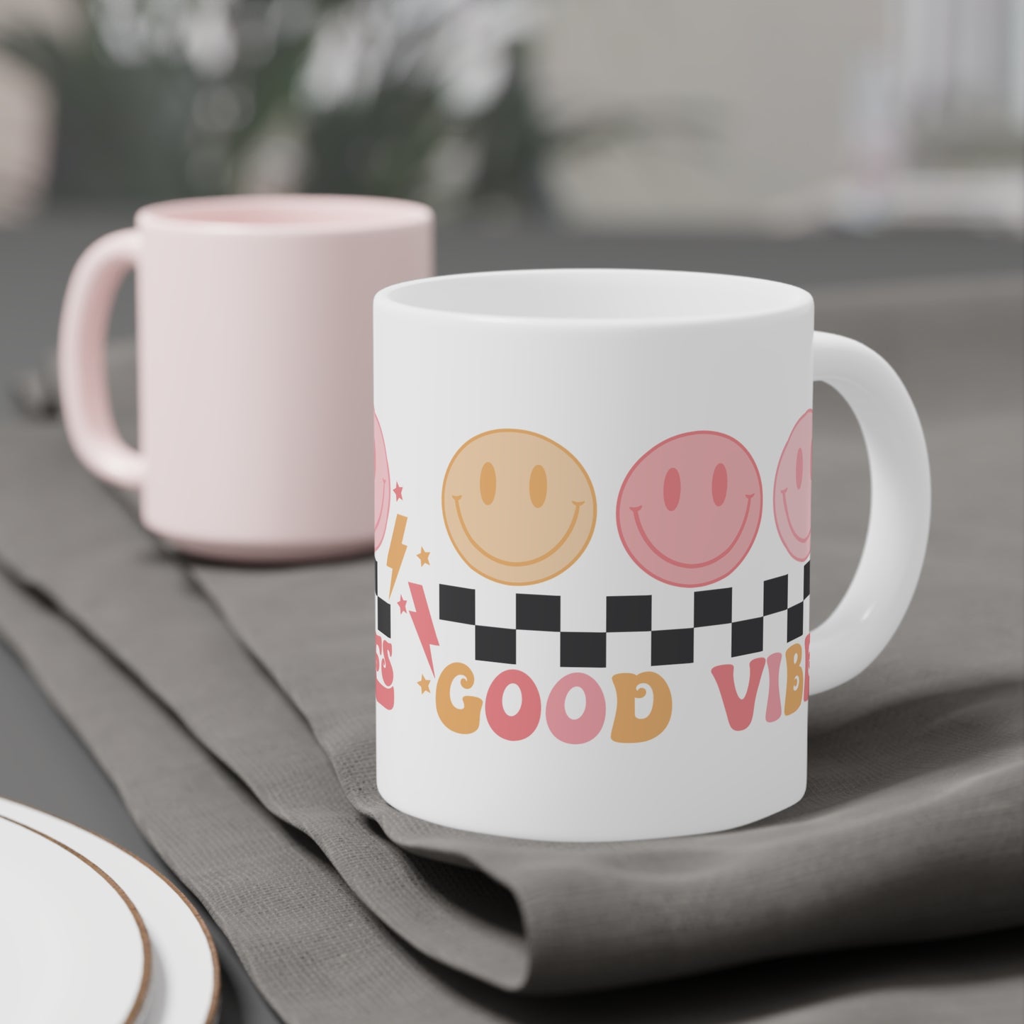Good Vibes Psychedelic Coffee Mug 20oz - Pink Typography, Black-White Checkered with Smiling Faces - Retro Love, Radiate Positivity