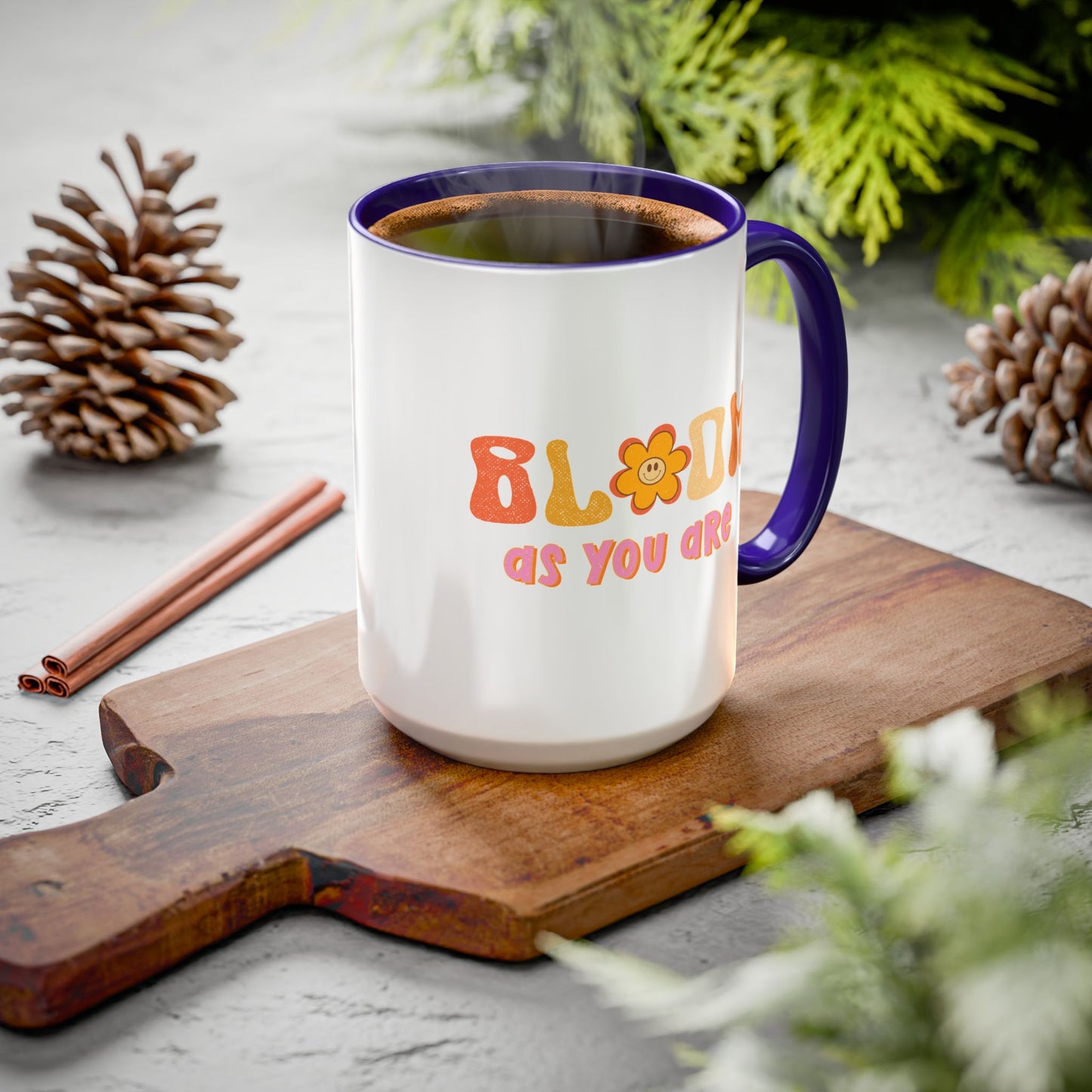 Bloom As You Are Accent Mug – Smiley Flower | 11oz 15oz Colored Handle