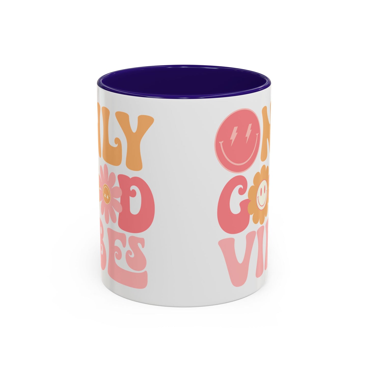 Only Good Vibes Accent Mug – Retro Bubble Letters & Flowers | 11oz 15oz Colored Handle