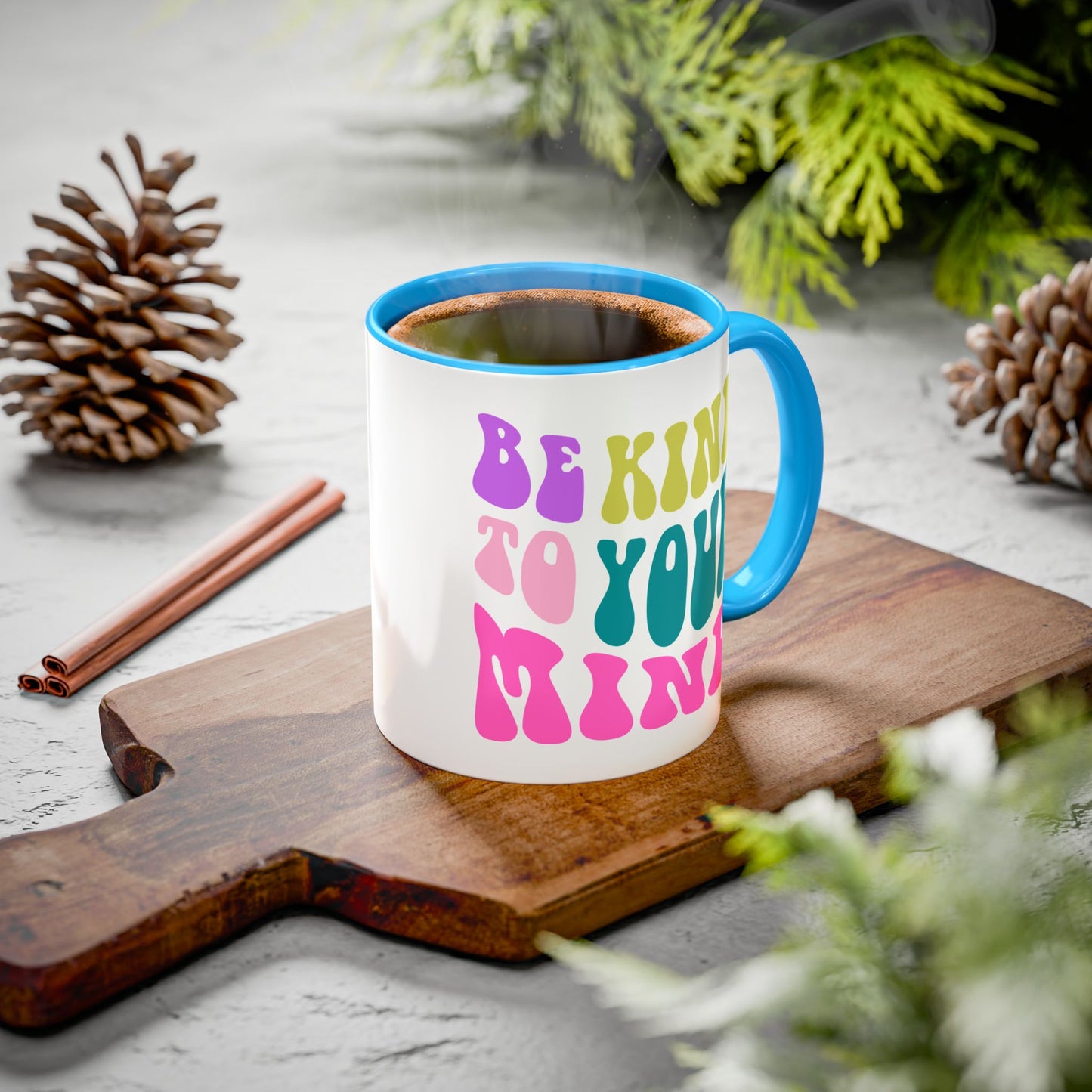 Be Kind To Your Mind Accent Mug – Retro Rainbow Letters | 11oz 15oz Colored Handle