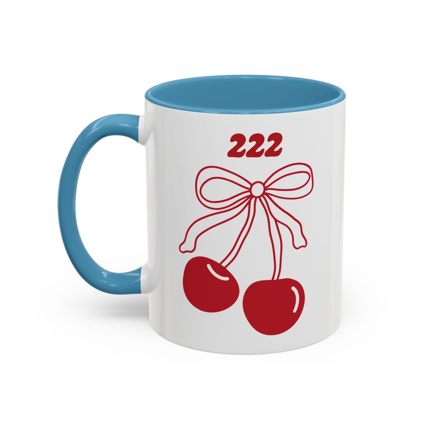 222 Angel Number Cherries Accent Mug – Coquette Bow Kawaii Coffee Mug | 11oz 15oz — Black, Navy, Pink, Red, Light Blue