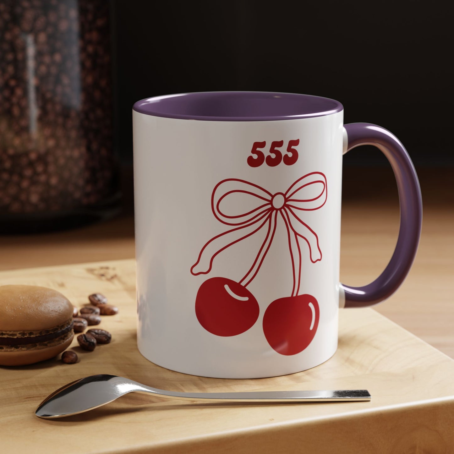 555 Angel Number Cherries Accent Mug – Coquette Bow Kawaii | 11oz 15oz — Pink, Red, Navy, Light Blue, Orange, Purple, Yellow