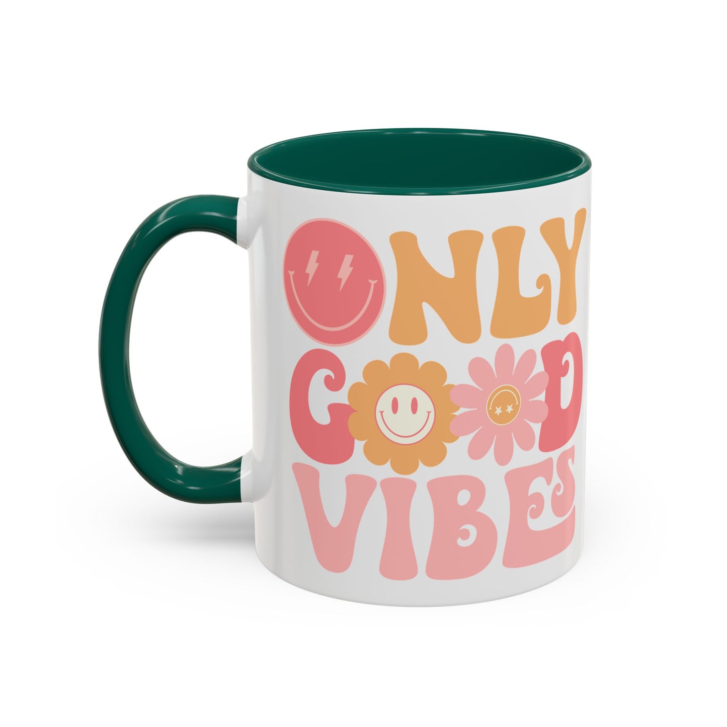 Only Good Vibes Accent Mug – Retro Bubble Letters & Flowers | 11oz 15oz Colored Handle