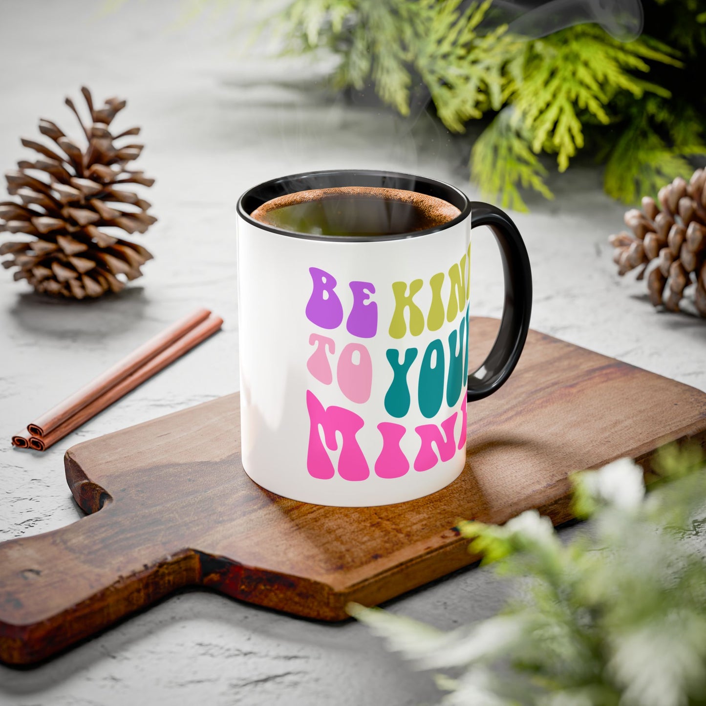 Be Kind To Your Mind Accent Mug – Retro Rainbow Letters | 11oz 15oz Colored Handle