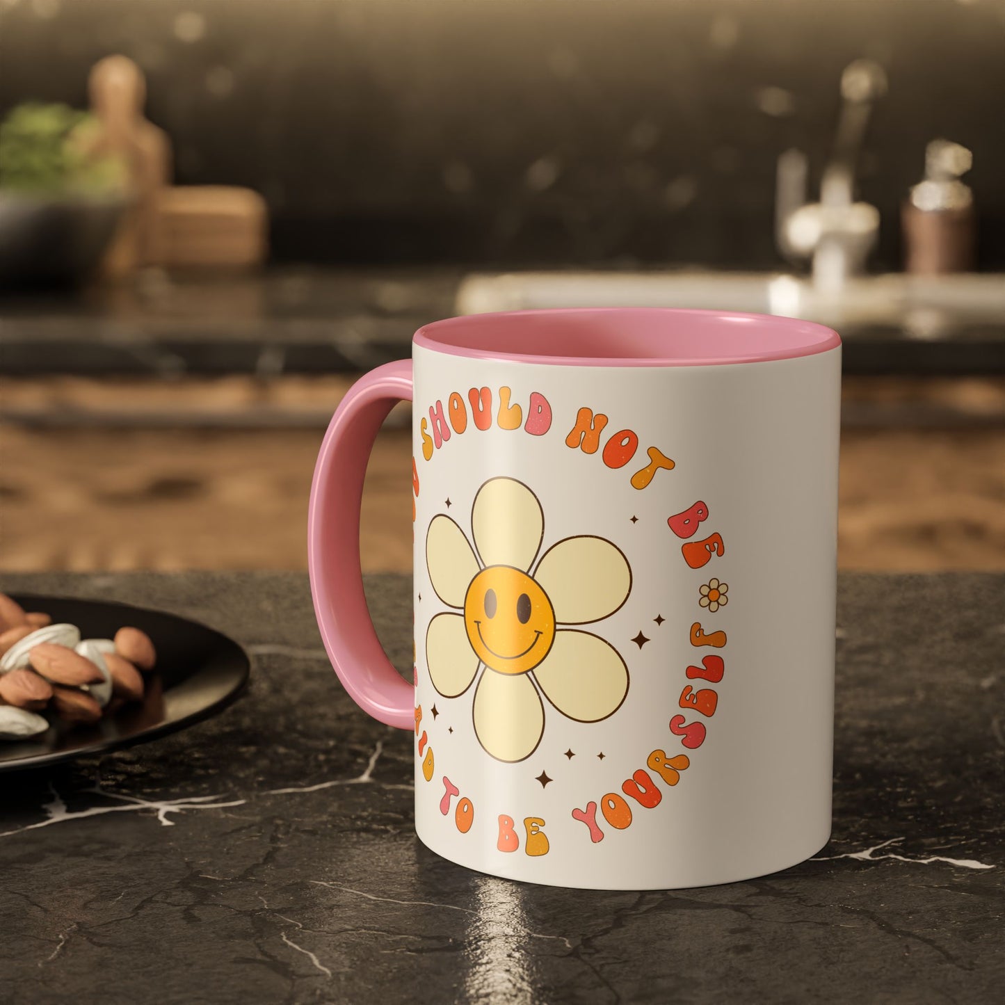 Don’t Be Afraid To Be Yourself Accent Mug – Smiley Flower | 11oz 15oz Colored Handle