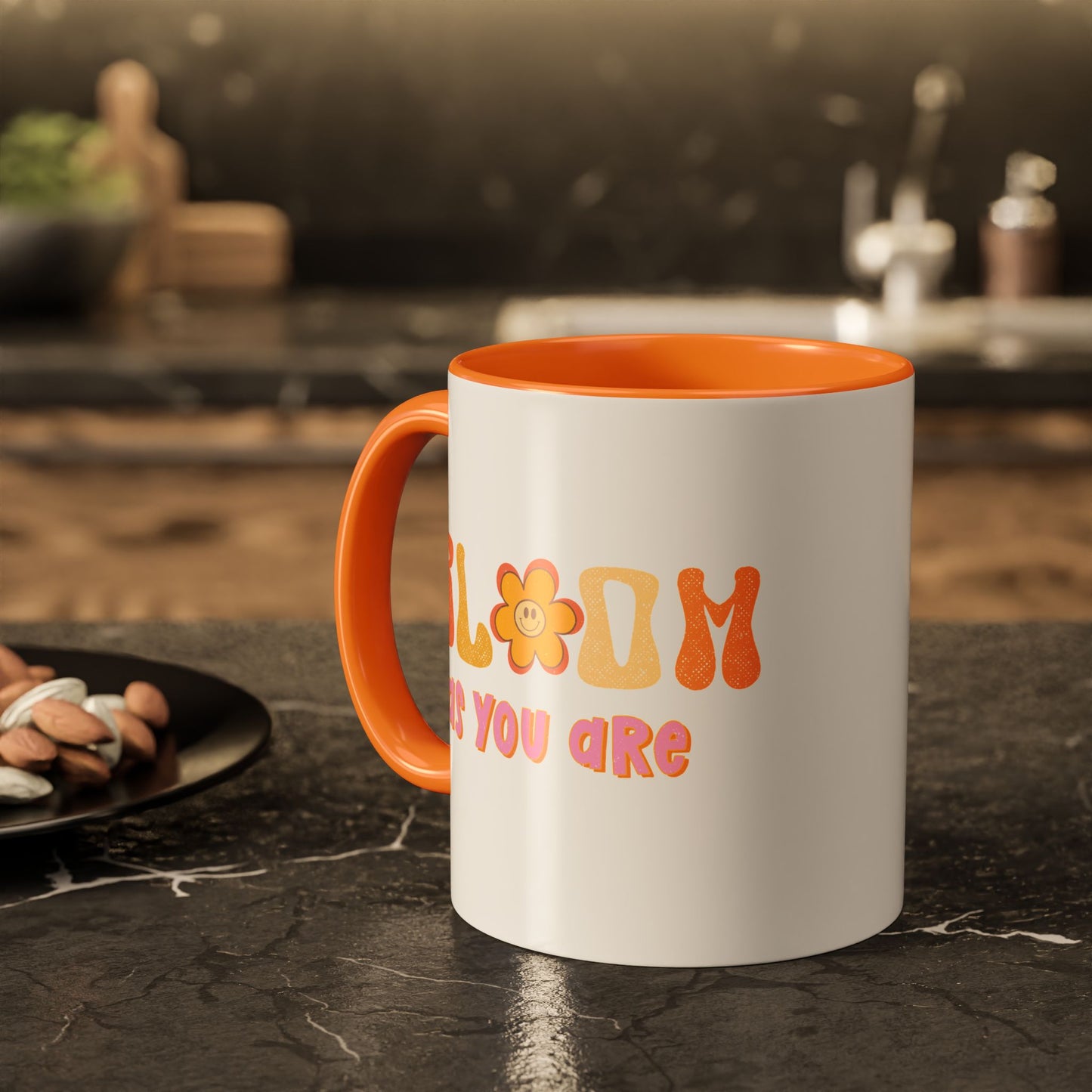 Bloom As You Are Accent Mug – Smiley Flower | 11oz 15oz Colored Handle