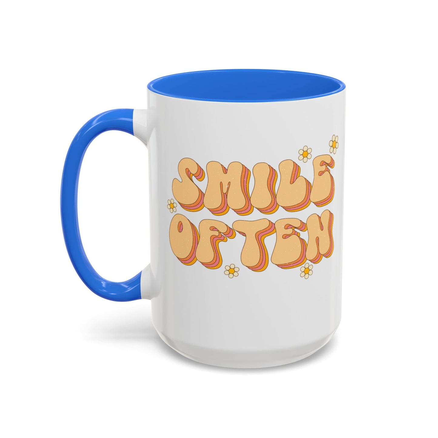 Smile Often Accent Mug – Retro Daisy Letters | 11oz 15oz colored Handle