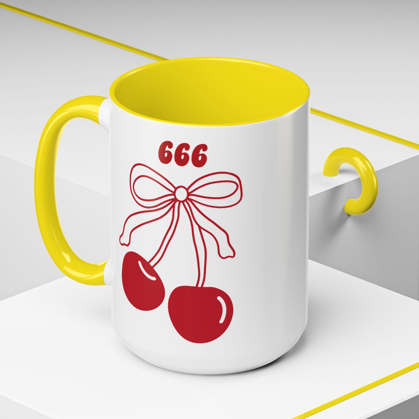 666 Angel Number Cherries Accent Mug – Coquette Bow Kawaii | 11oz 15oz — Pink, Red, Light Blue, Orange, Purple, Yellow