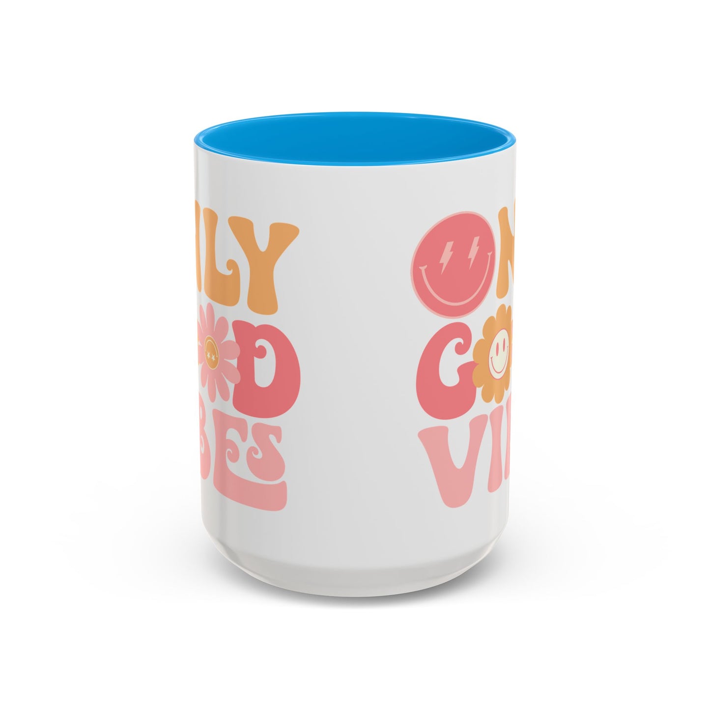 Only Good Vibes Accent Mug – Retro Bubble Letters & Flowers | 11oz 15oz Colored Handle