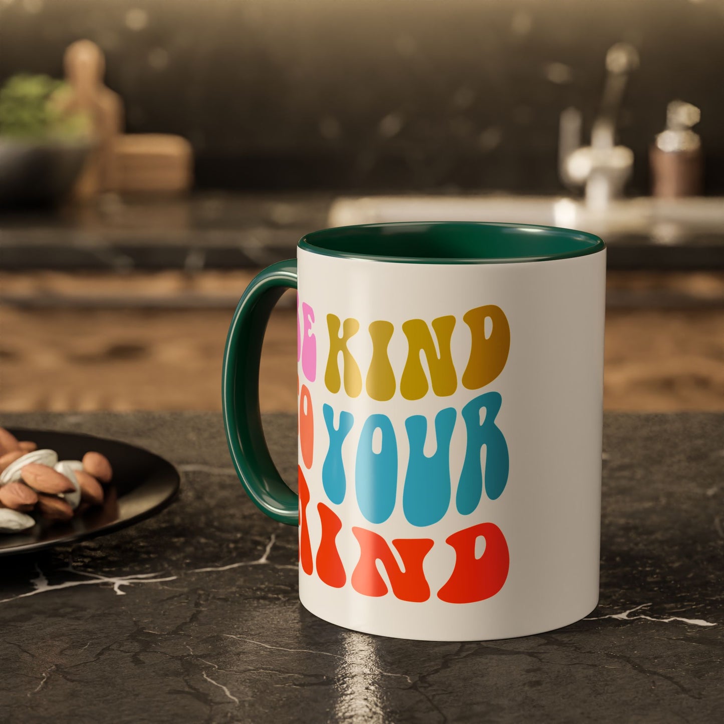 Be Kind To Your Mind Accent Mug – Retro Rainbow Letters | 11oz 15oz Multiple colors